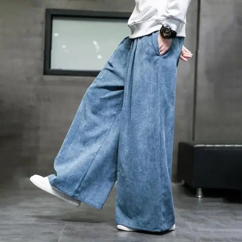 image of Corduroy Casual Pants Male Japanese Harajuku Trousers in Blue, Men's (Size 32)