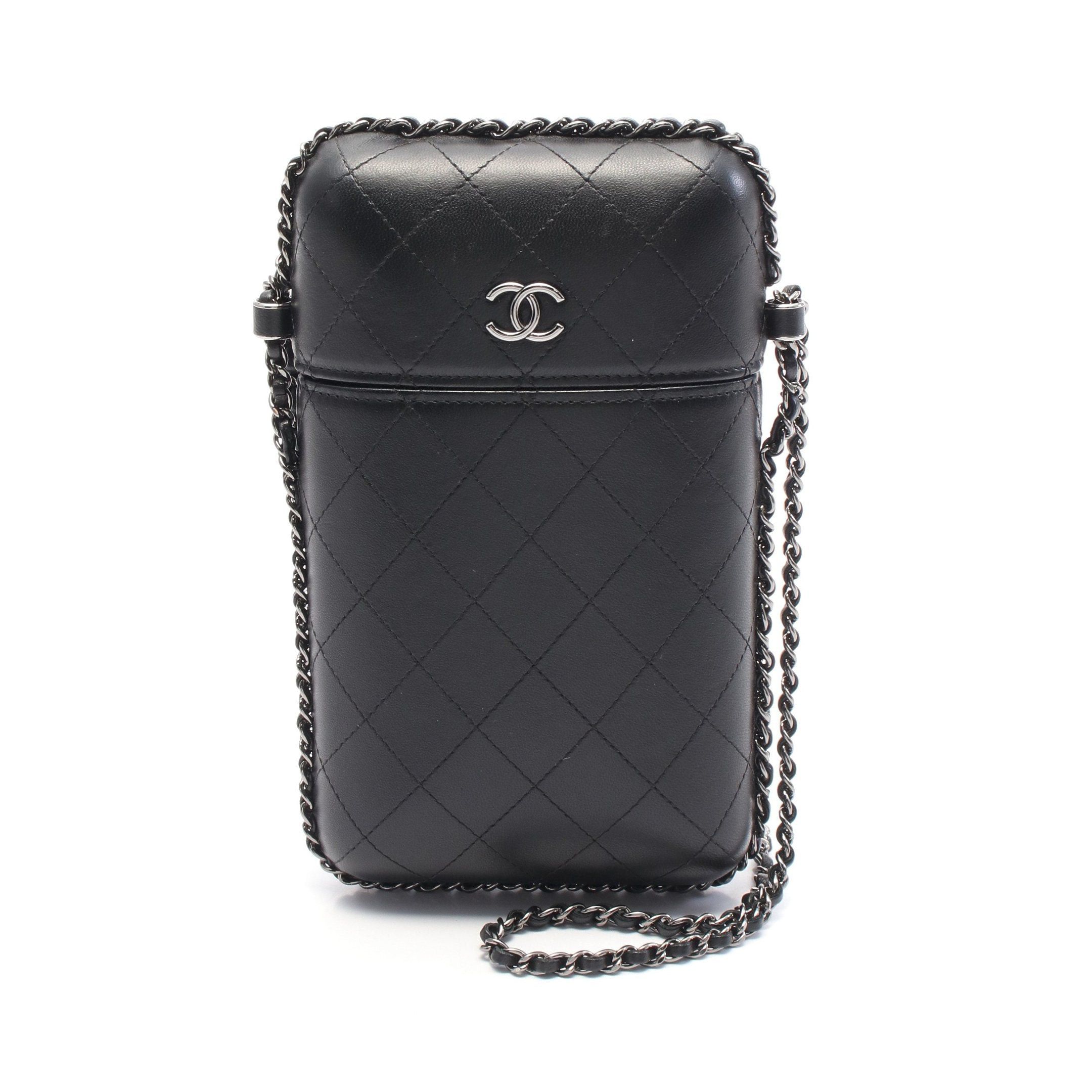 Chanel Matelasse Chain Phone Holder Shoulder Bag Leather Black Silver Hardware, Women's