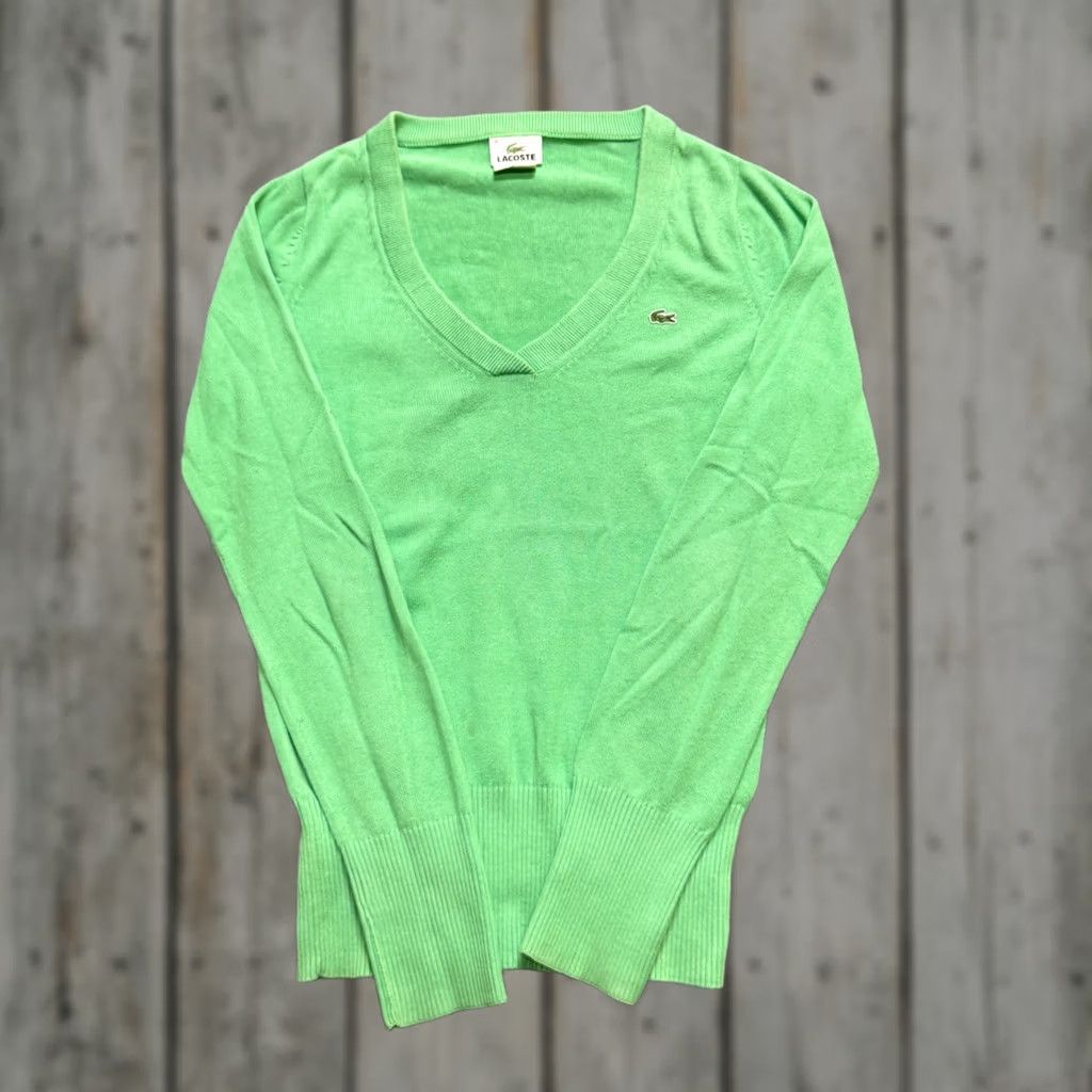 Vintage Lacoste Women's V Neck Sweater Pullover Size M Green Long Sleeve Cotton Pullover, Distressing/Fade (Pre-owned) Green Womens M Size M / US 6-8 / IT 42-44 - 1 Thumbnail