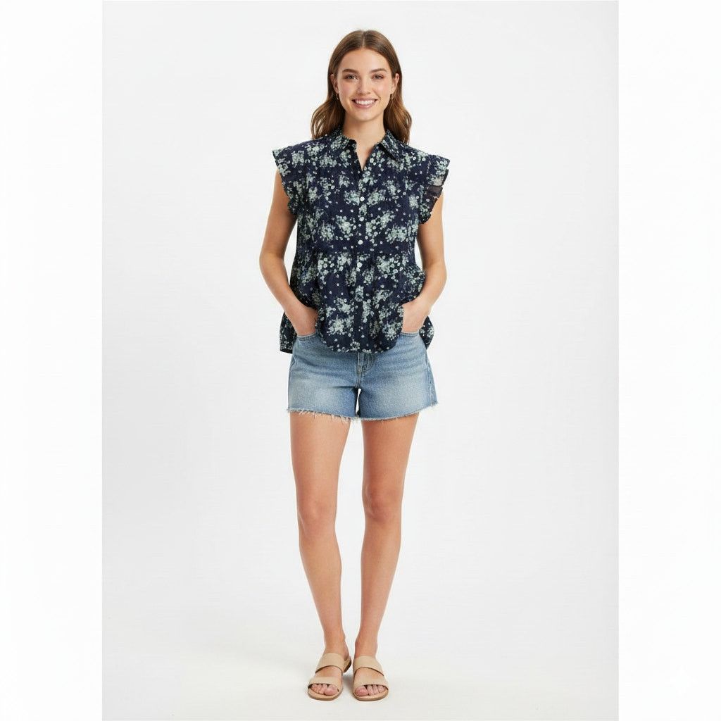 Other POL Blue Floral Collared Blouse Size S / US 4 / IT 40 - 1 Thumbnail