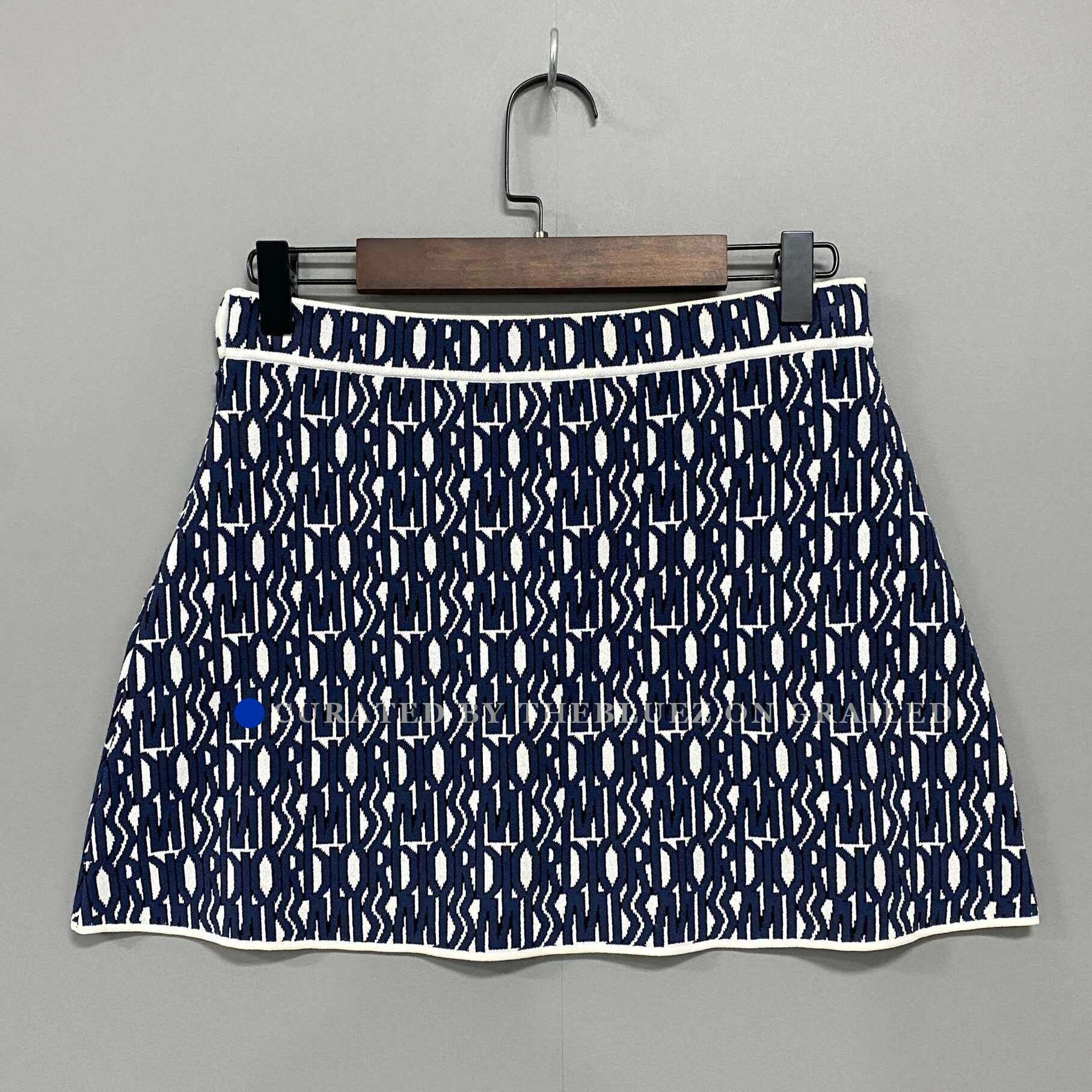 dior blue print dress DIOR - Dioriviera Mid-Length Belted Dress White Cotton Poplin With Blue DIOR Bows Motif - Size 36