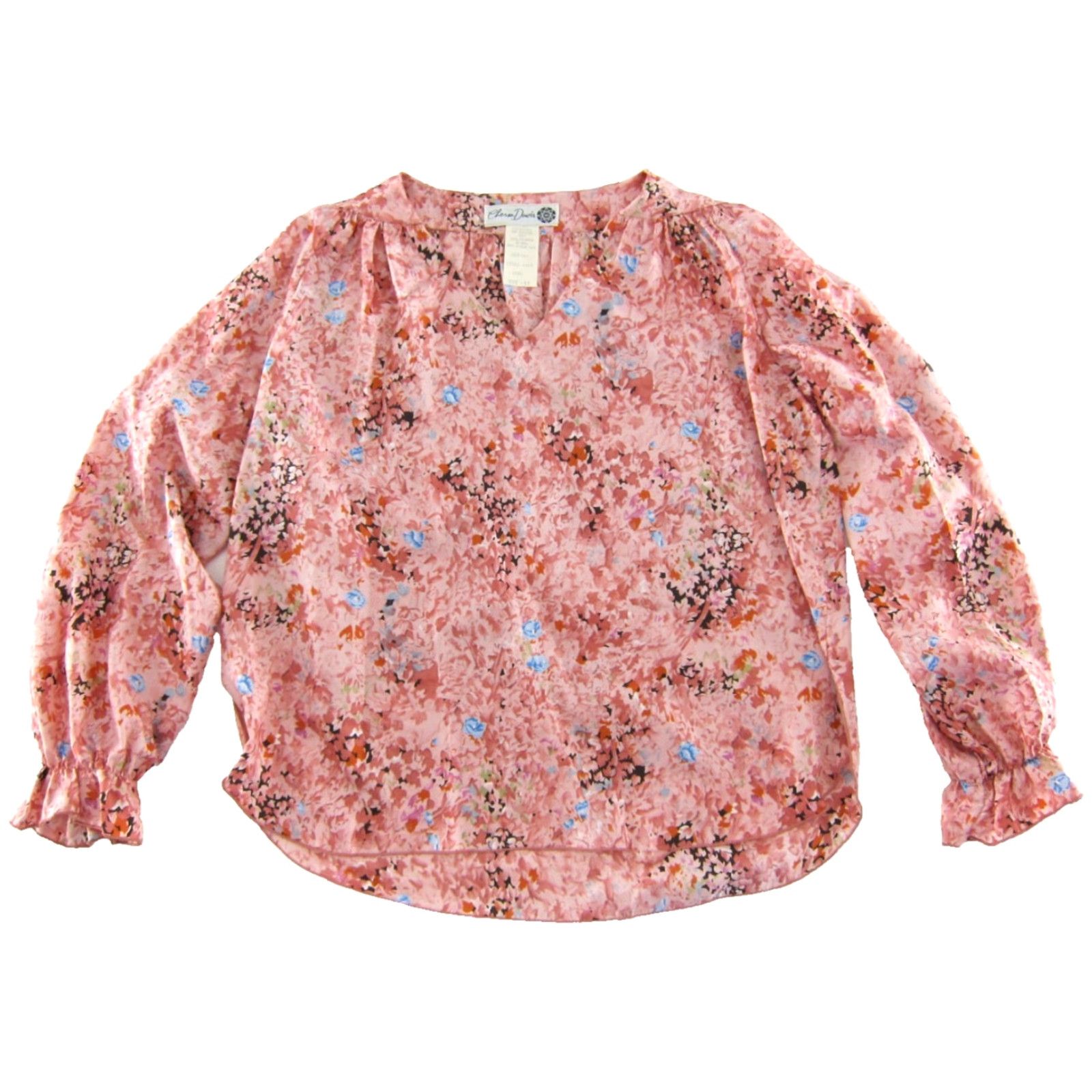 Vintage VINTAGE Chessa Davis Blouse Shirt Womens 14 Pink Floral V-Neck Long Sleeve Peasant 50" bust 100% polyester Size XL / US 12-14 / IT 48-50 - 2 Thumbnail