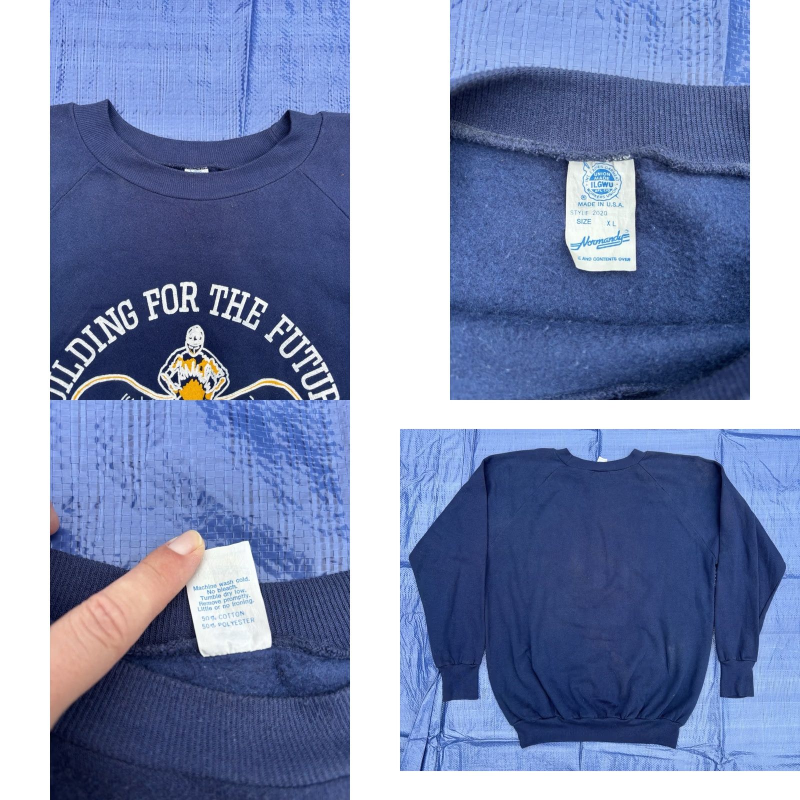 Vintage VINTAGE Normandy Navy Blue Sweatshirt XL Men 80s 90s IBEW USA Union Graphic Print Pullover Crew Neck Sweatshirt Size US XL / EU 56 / 4 - 8 Thumbnail