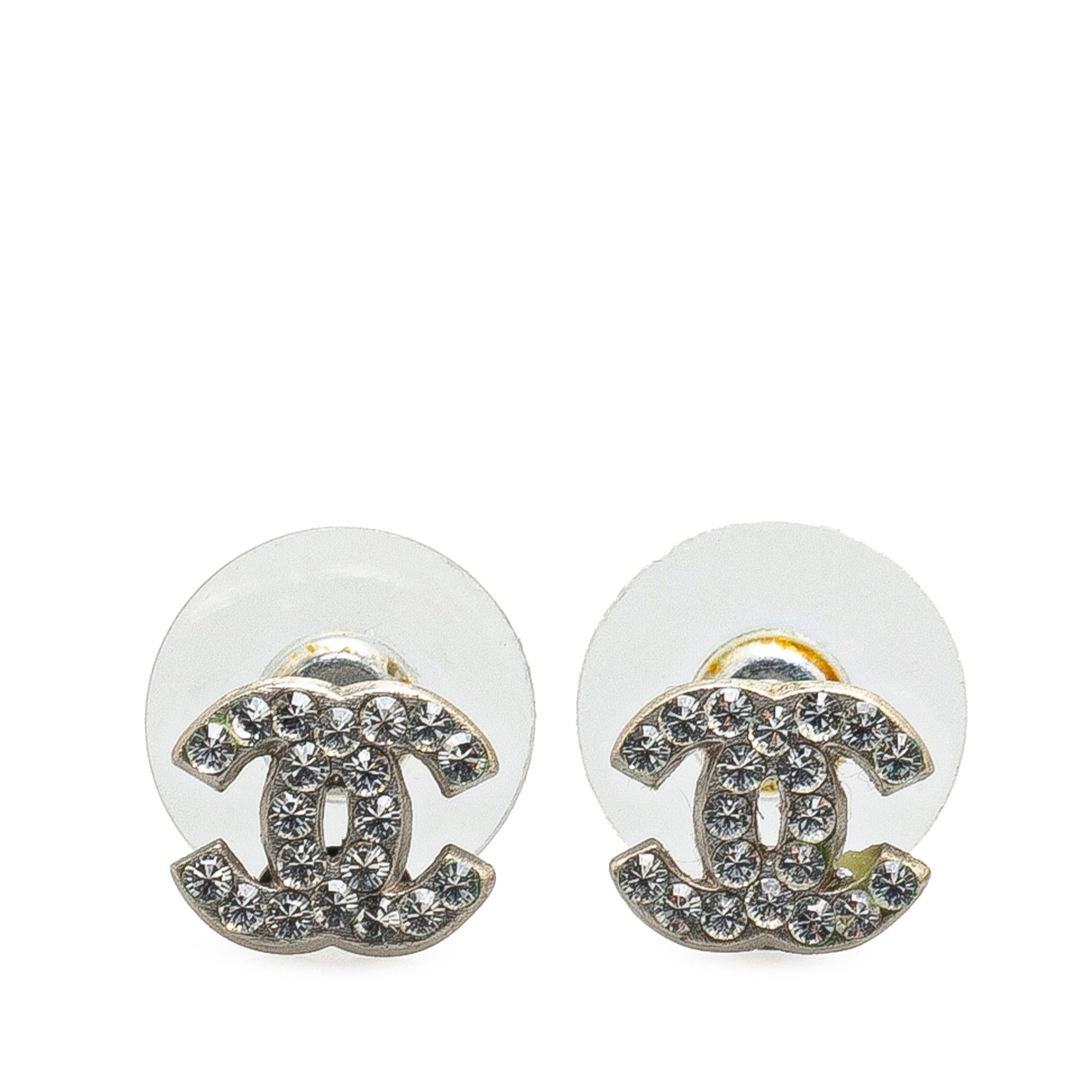 Chanel Chanel Silver Rhinestone CC Push Back Earrings Silver Size ONE SIZE - 1 Thumbnail