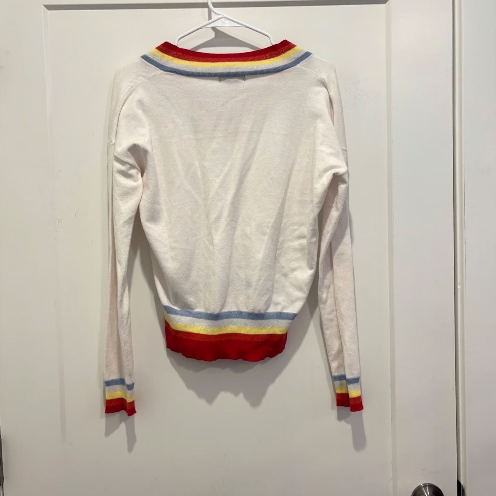 AQUA Aqua Womens V-Neck Rainbow Striped Metallic Trim Knit Sweater Small Ivory Size S / US 4 / IT 40 - 3 Thumbnail