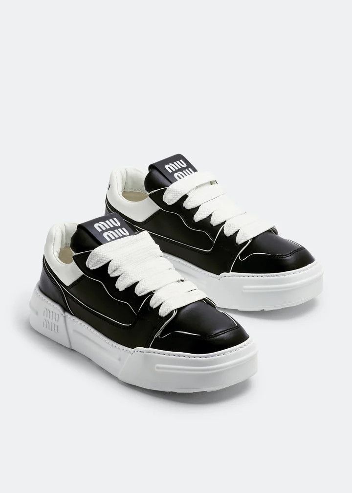 Miu Miu o1B3y1r0526 Leather Sneakers in Black/White Size US 11 / IT 41 - 4 Thumbnail