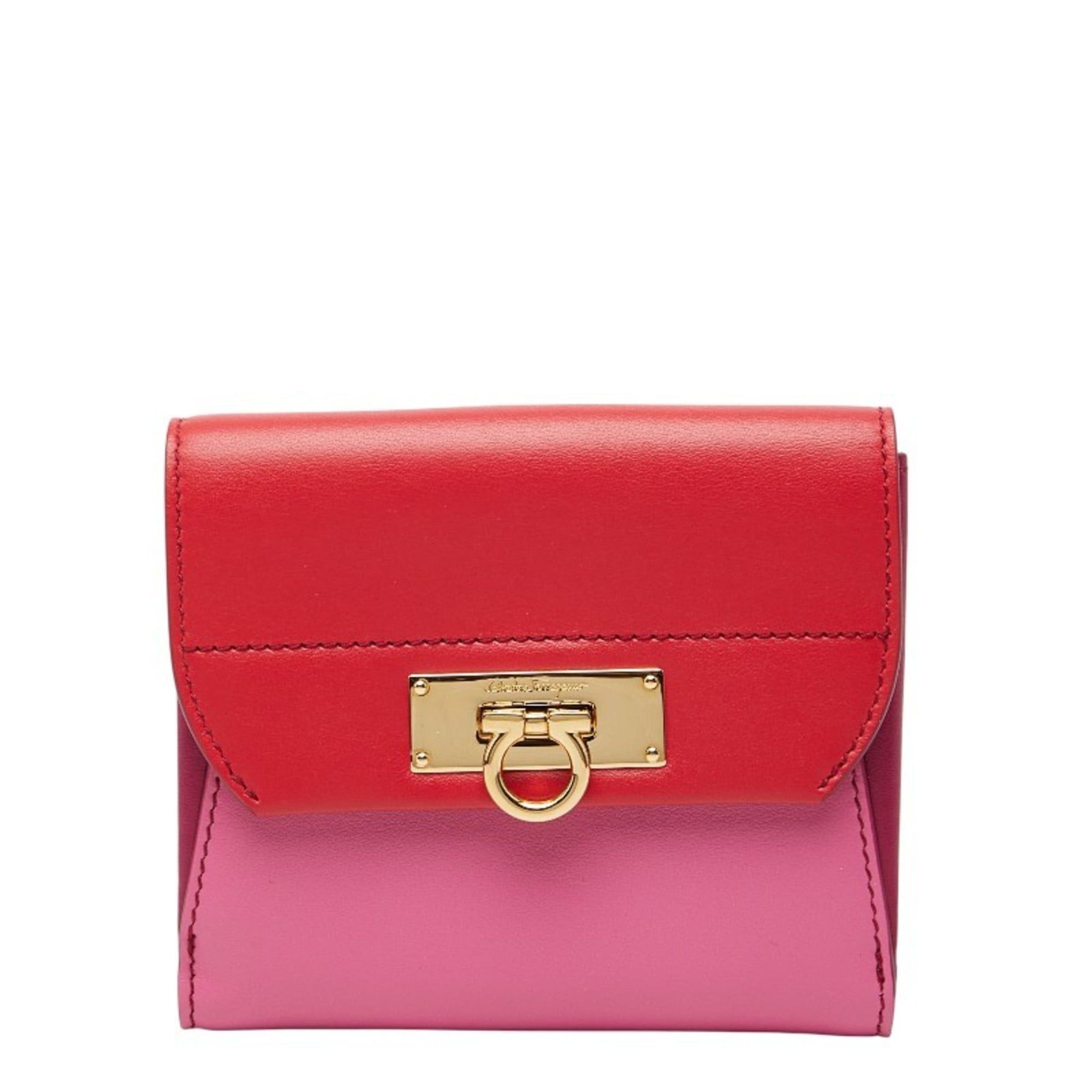 Salvatore Ferragamo Gancini Two-Tone Bifold Wallet Jl-22 C270 Red Pink Leather Women's