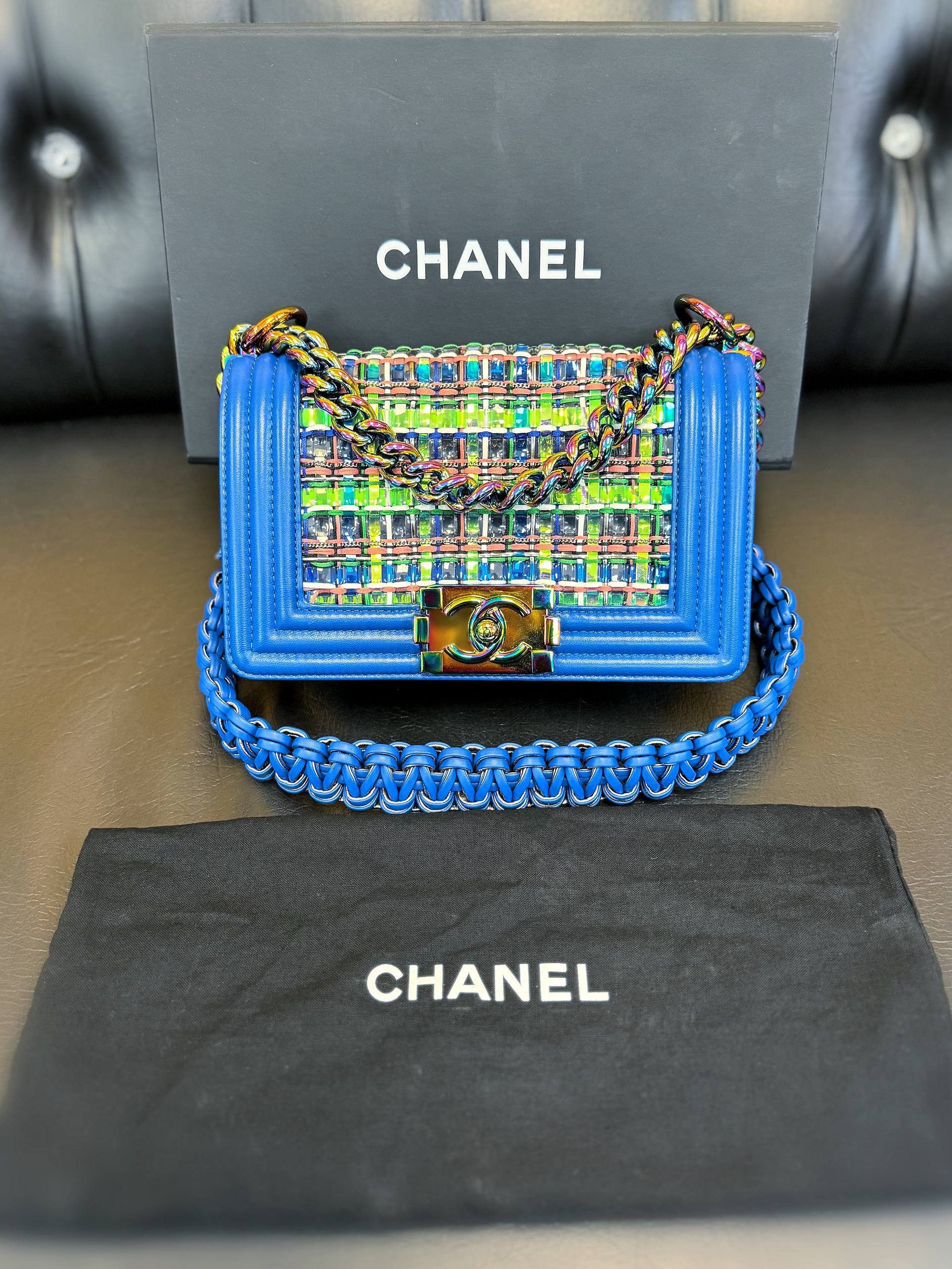 Chanel Chanel Old Small Boy Flap Bag Blue Rainbow Woven PVC Size ONE SIZE - 2 Thumbnail