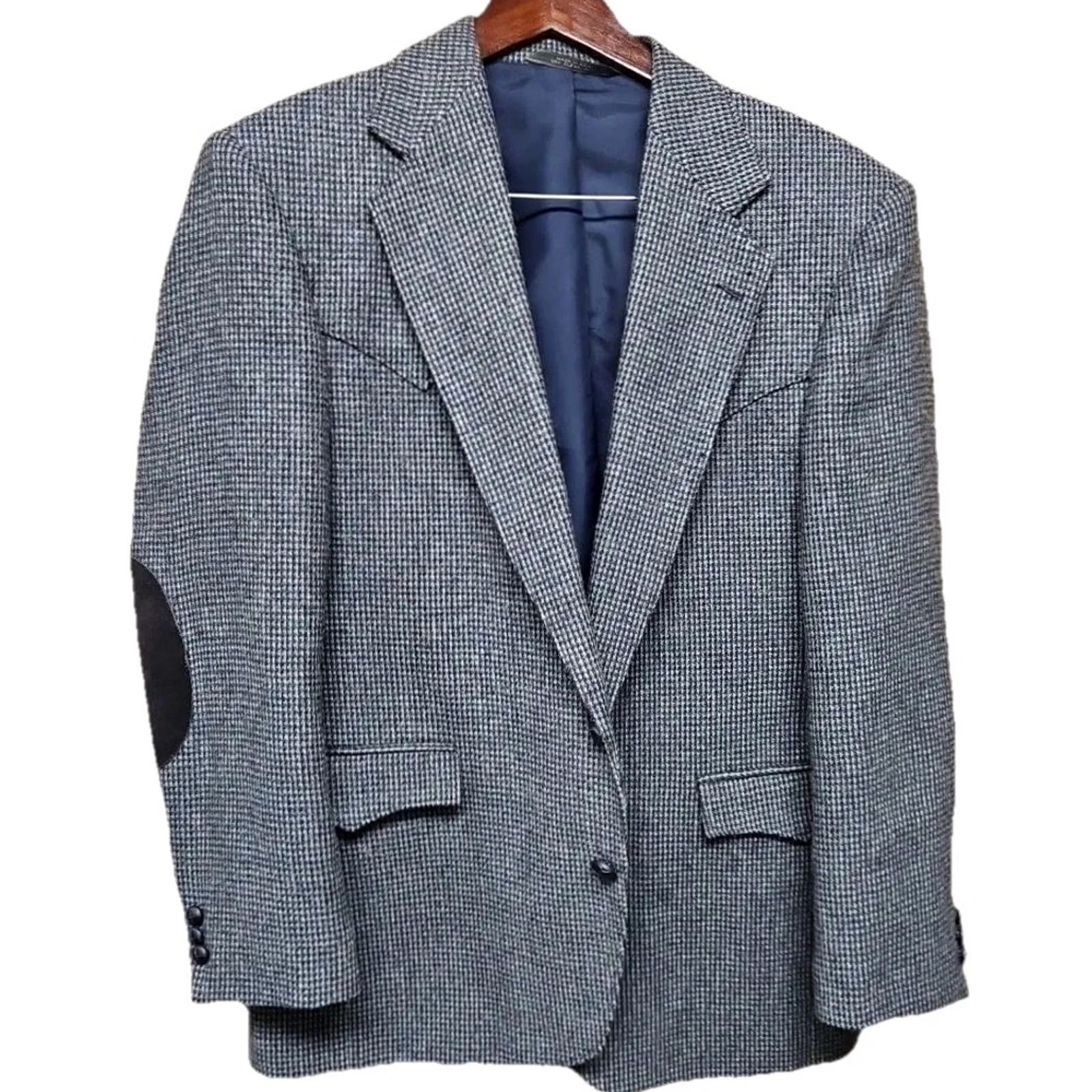 Taos VINTAGE Western Blazer Mens 44R Wool Charcoal Gray Houndstooth Elbow Patch Sport Coat Size 44R - 2 Thumbnail