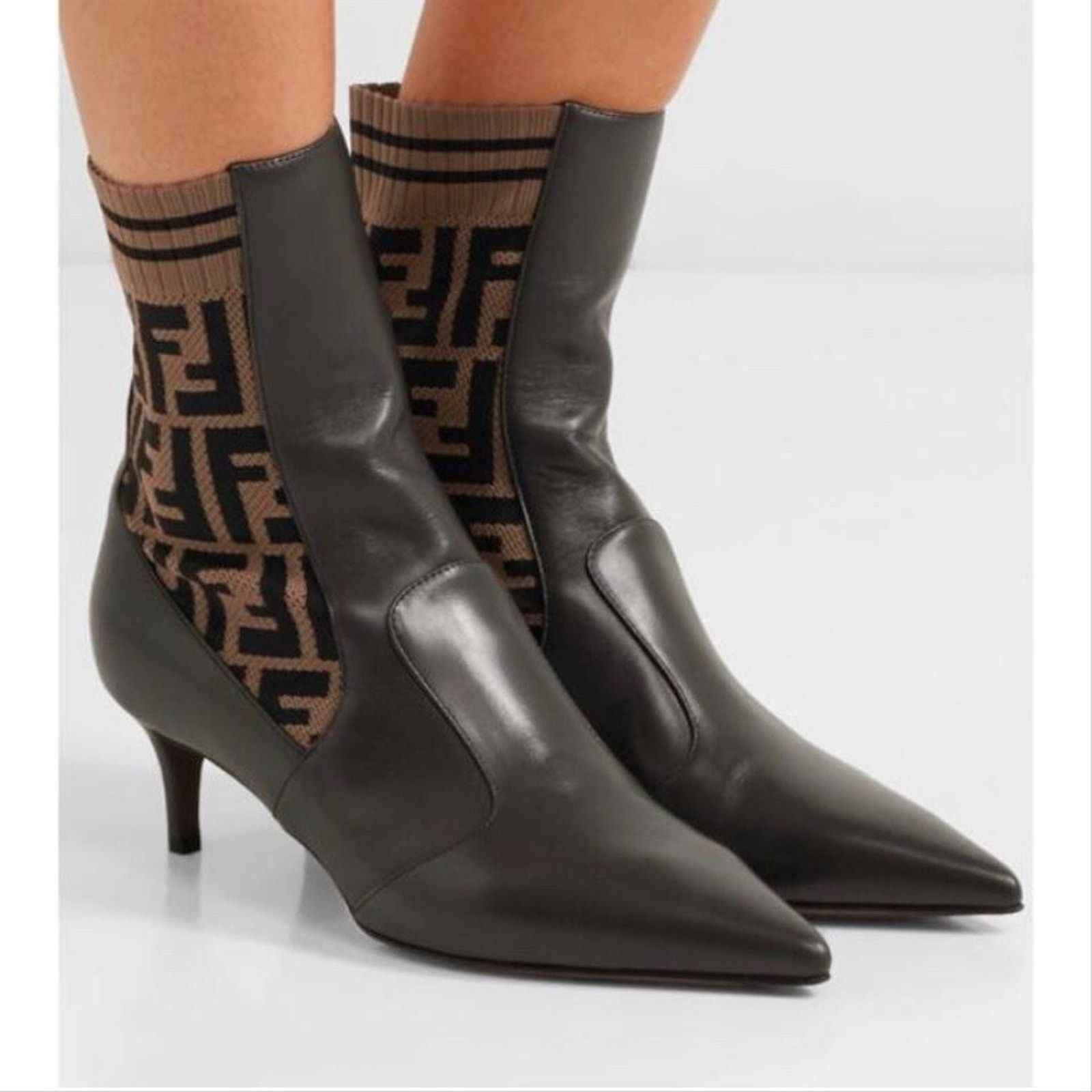 Fendi Rockoko FF logo stretch knit leather heeled ankle boots Size US 7 / IT 37 - 2 Thumbnail