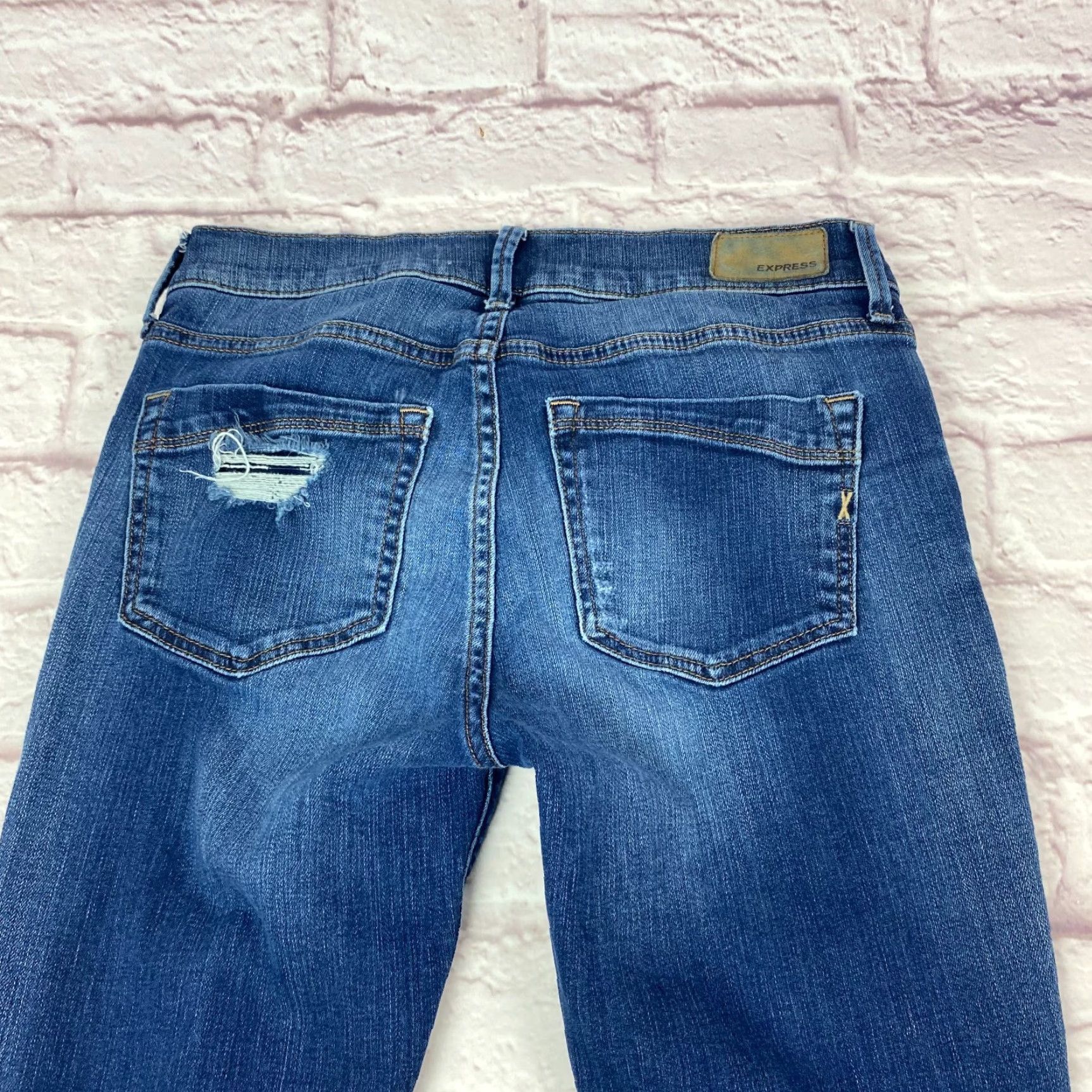 Express Express Jeans Junior Teens Size 4 Stretch Mid Rise Distressed Dark Wash - 90s City College Theme, Express Jeans, Denim, Blue, Jeans, Regular, Junior Size 27" / US 4 / IT 40 - 6 Thumbnail