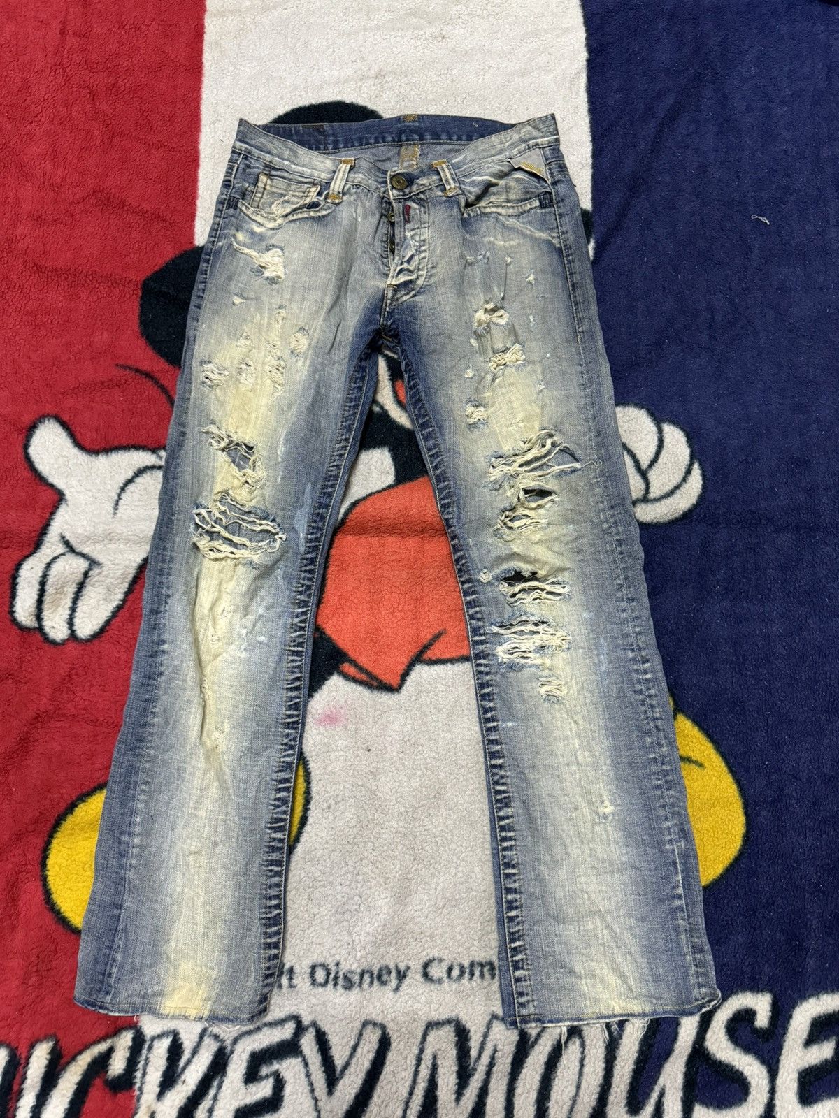 image of Distressed Denim x Replay Distressed Flare Jeans in Blue, Men's (Size 34)