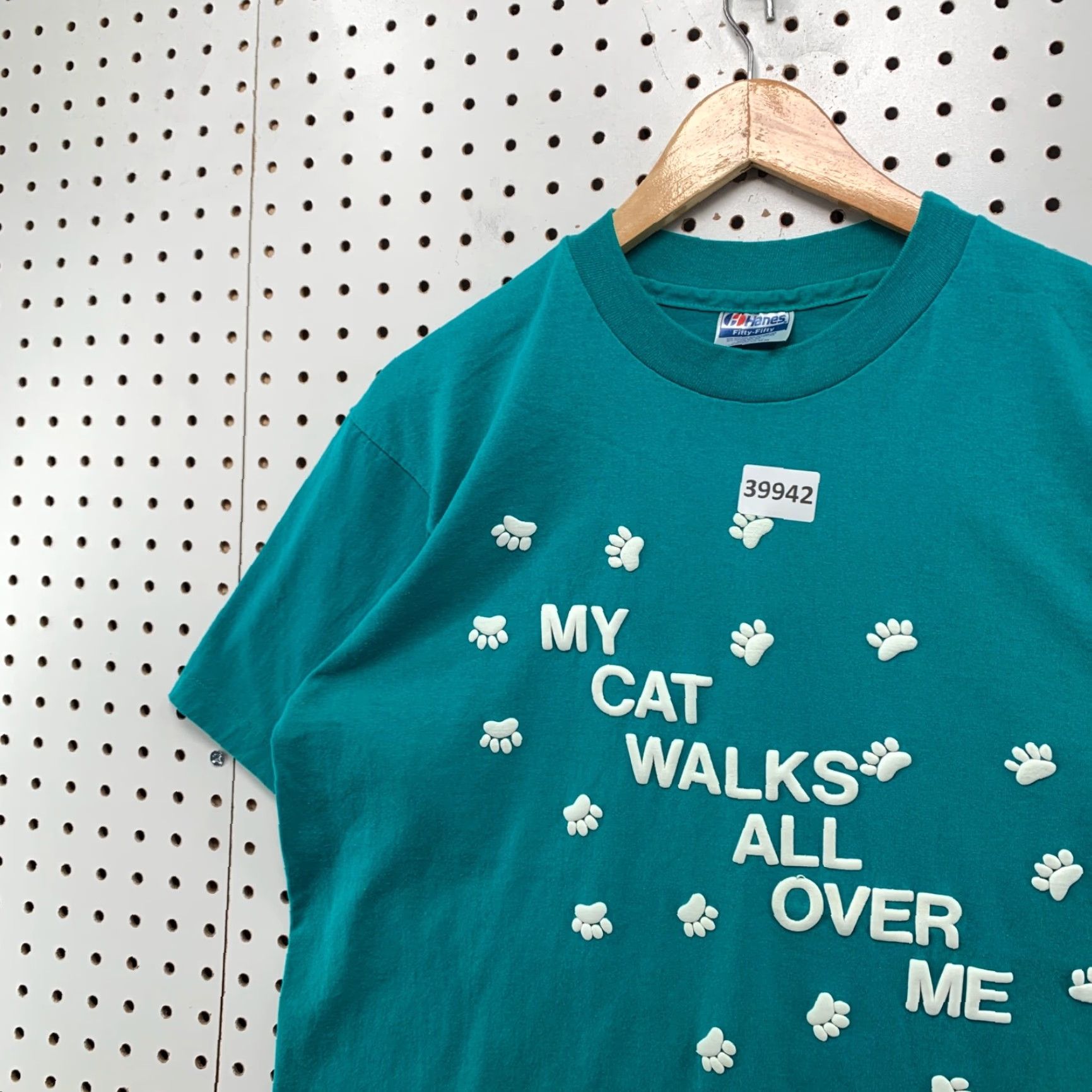 Hanes VINTAGE 80s Hanes Funny Cat Paw Print T-Shirt Mens Large Green Graphic Print Made in USA Size US L / EU 52-54 / 3 - 7 Thumbnail
