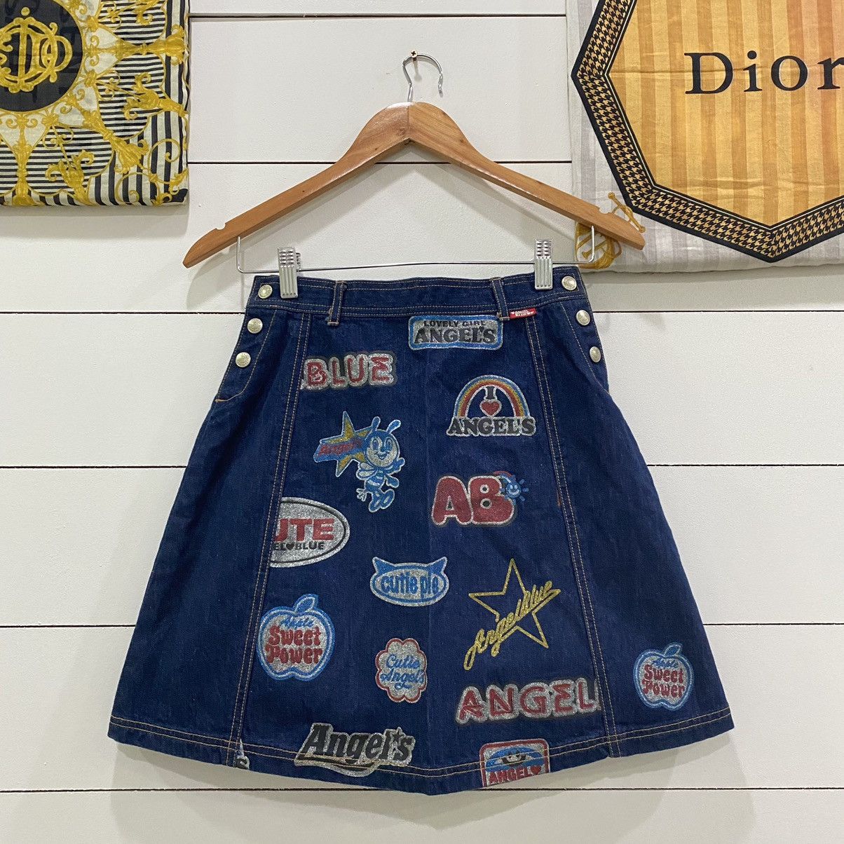 image of Angel Blue Metallic Printed Patches Denim Mini Skirts, Women's (Size 24)