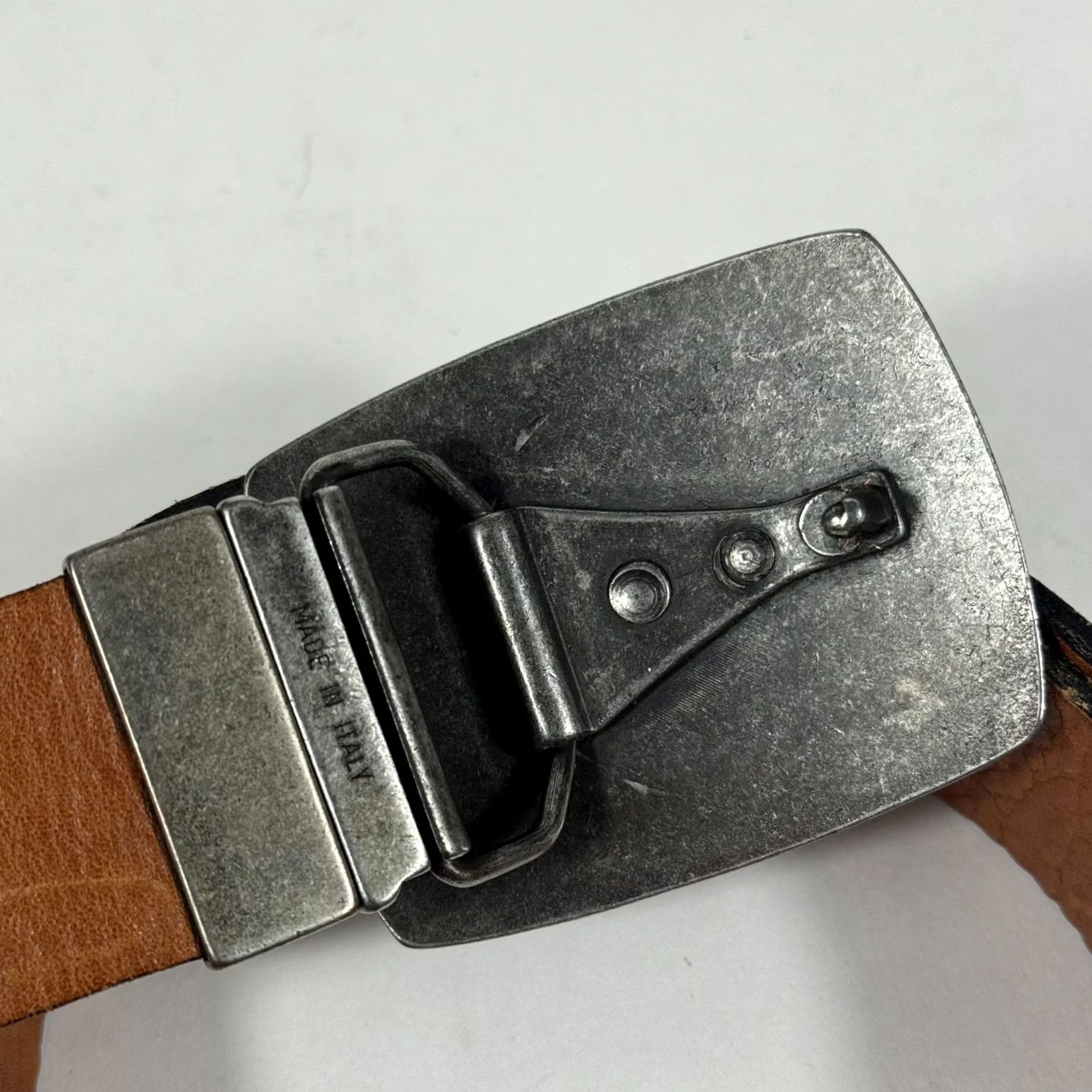Vintage Hand Forged 3" Metal Belt Buckle Made in Italy Brown Leather Size 36-42 Waist Belt Men Vintage Adjustables Buckle Removable 3x2.5 Inches Size 36 - 2 Thumbnail