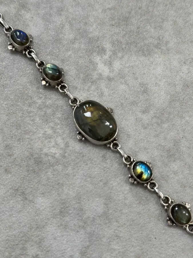 Vintage 1990s Silver & Labradorite Contemporary Relief Bracelet Size ONE SIZE - 5 Thumbnail