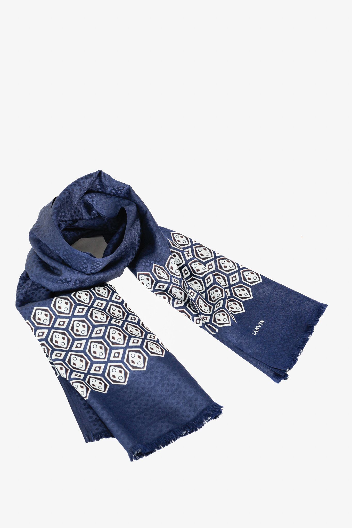 Lanvin Navy Geometric Print Fringe Silk Vintage Scarf