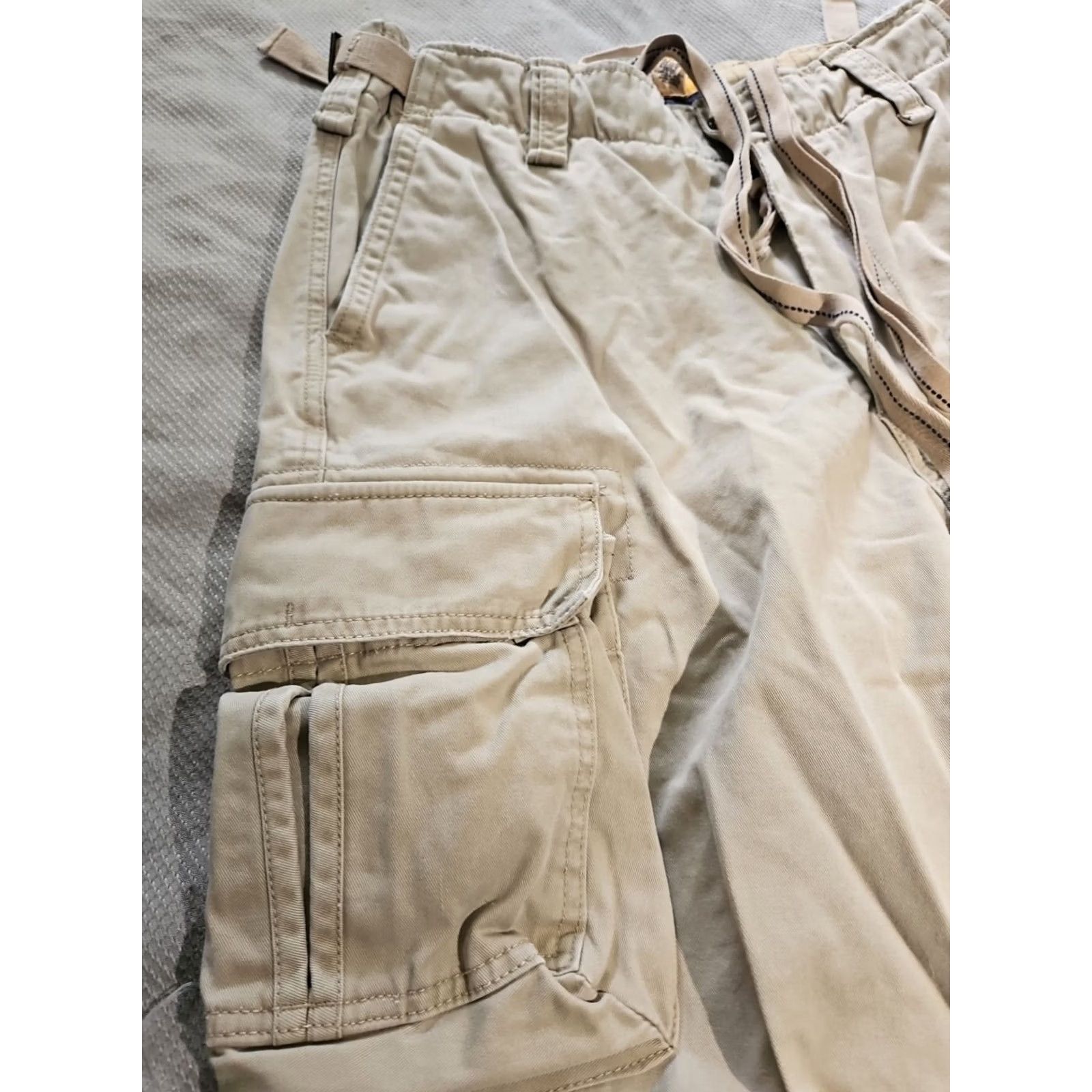 Denime VINTAGE Trailer Jeans Mens 34x32 Beige Pants Khaki Heavyweight Cargo Denim Distressed Hem Jeans Regular 5-Pocket Belt Loops Logo Zipper Mens Size US 34 / EU 50 - 4 Thumbnail