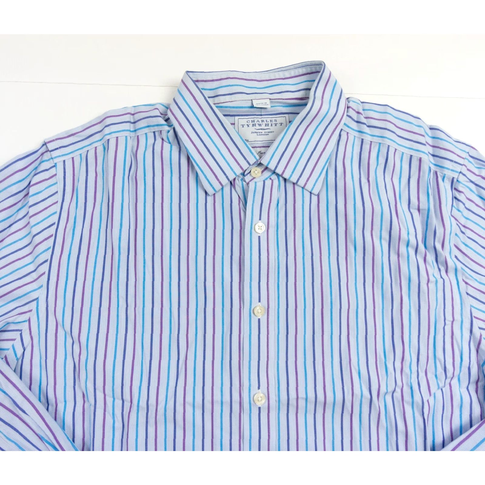 Charles Tyrwhitt Charles Tyrwhitt Shirt Mens 17 / 35 Blue Button Up Striped Non Iron Slim Fit Size US XL / EU 56 / 4 - 2 Thumbnail
