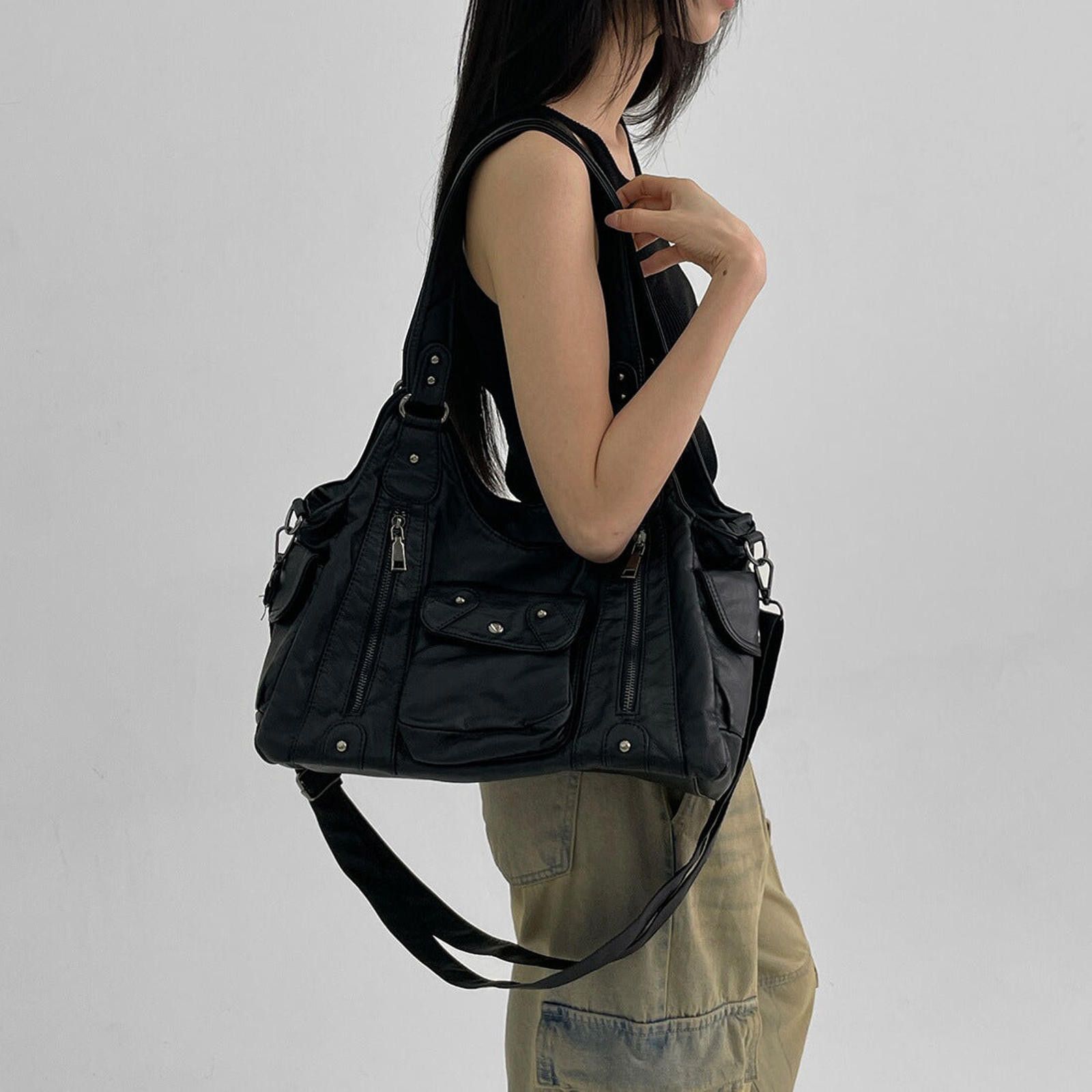 Vintage Black Multi-Pocket Shoulder Bag, Casual Everyday Bag Size ONE SIZE - 2 Thumbnail