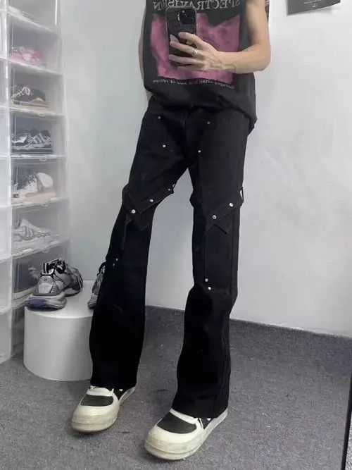 Jean Black lace-up studded micro-flared casual overalls Size US 32 / EU 48 - 1 Thumbnail