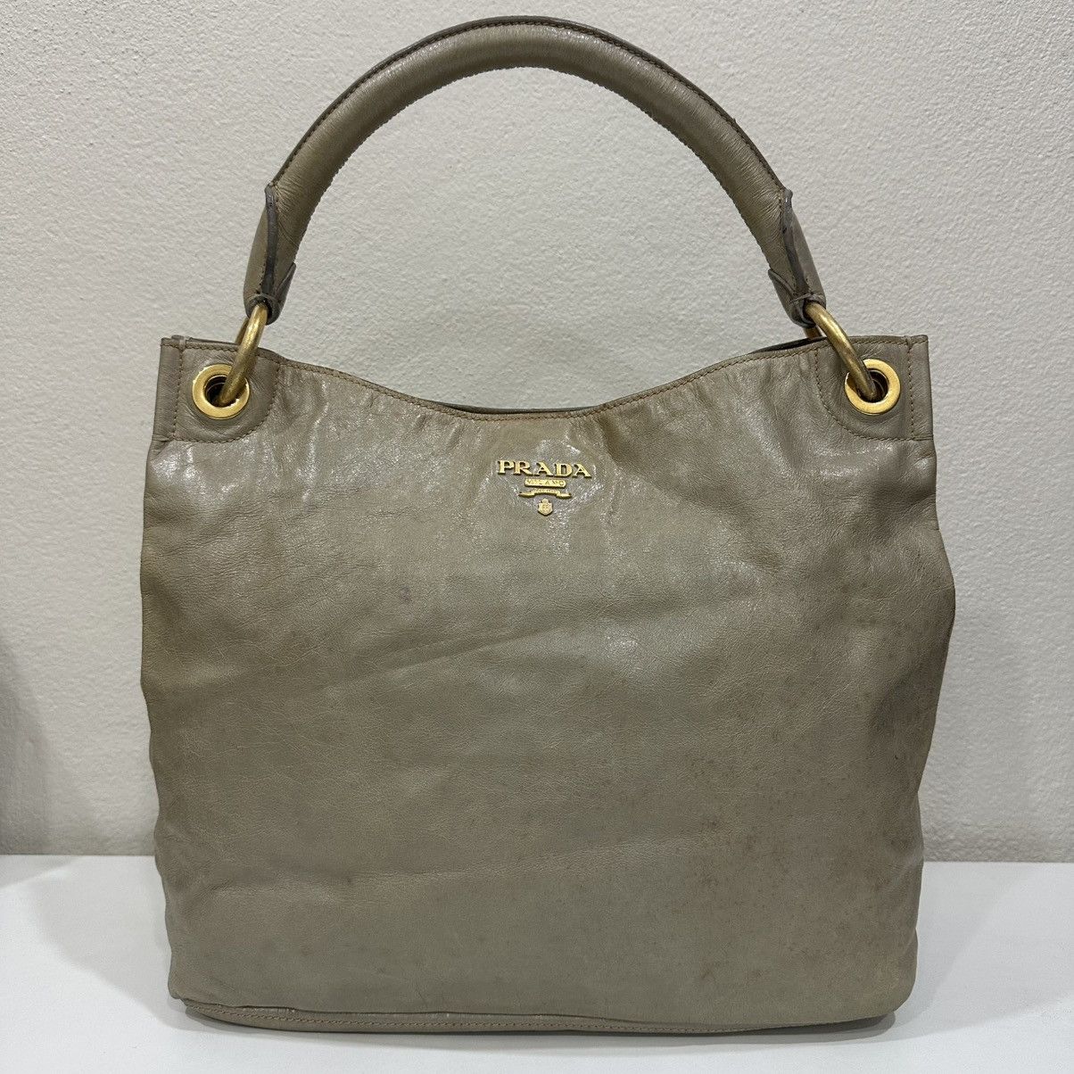 Auth. Prada Nube Vitello Top Handle Leather Tote Bag in Beige, Men's