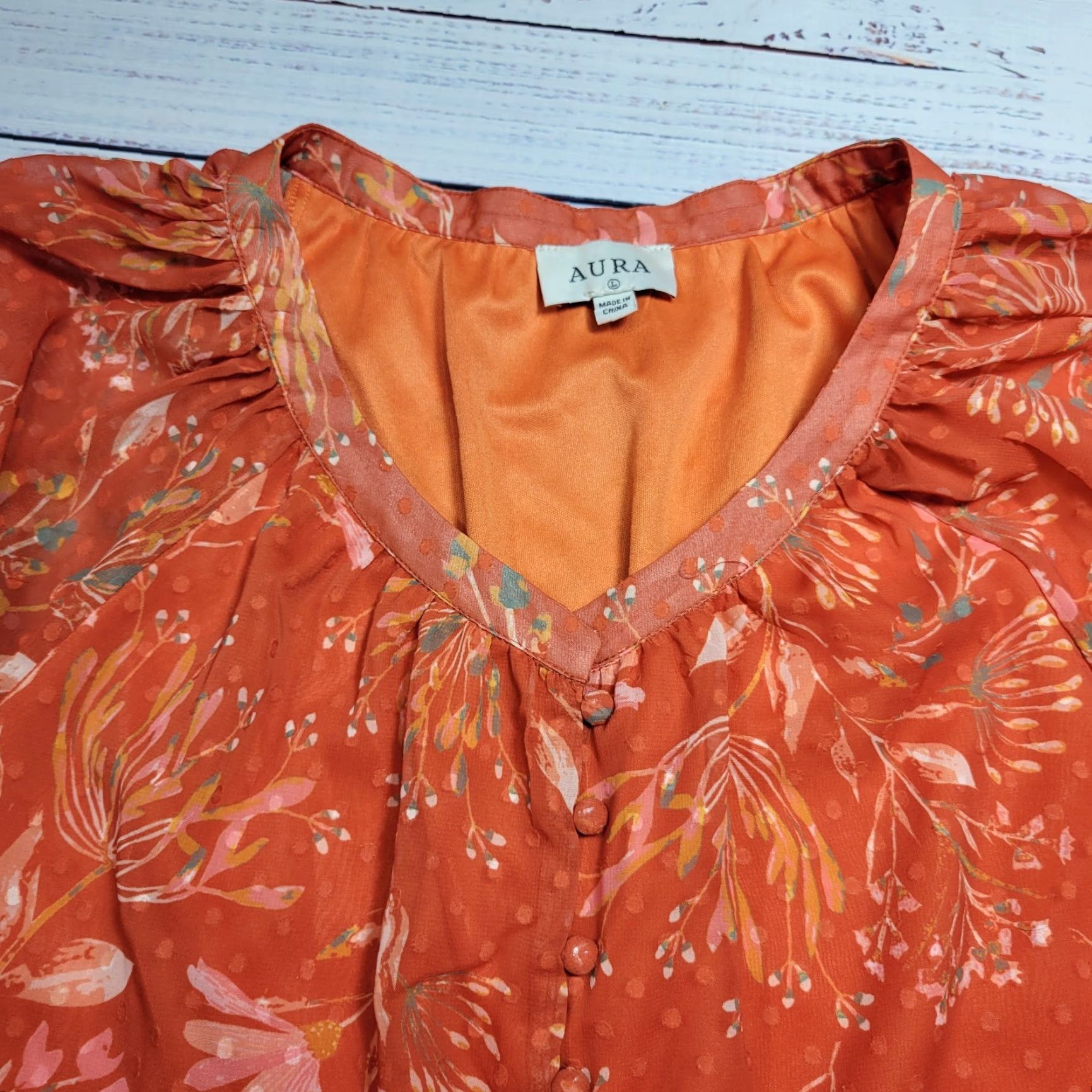 Vintage AURA Women Blouse Shirt L Orange Floral PUFF SLEEVE Balloon Sleeve Boho Satin 1 Top Size L Adults Women Size L / US 10 / IT 46 - 3 Thumbnail