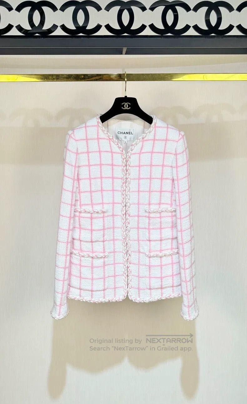 Chanel 23c pink and white plaid coat