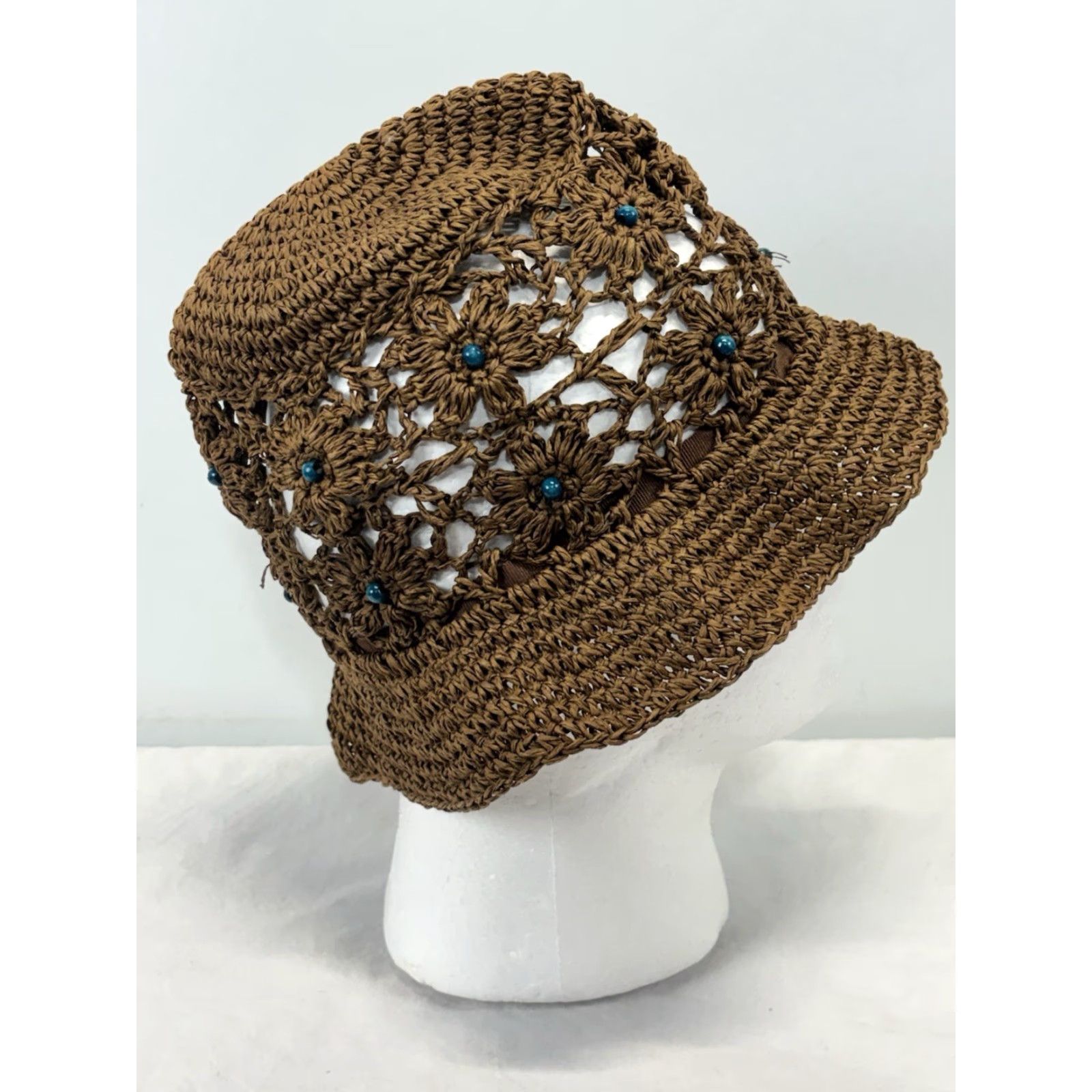Vintage Unbranded Hat Bucket Crochet Raffia Bead Women’s Blue Brown One Size Y2K Hippie Indie Grunge Womens Size ONE SIZE - 5 Thumbnail