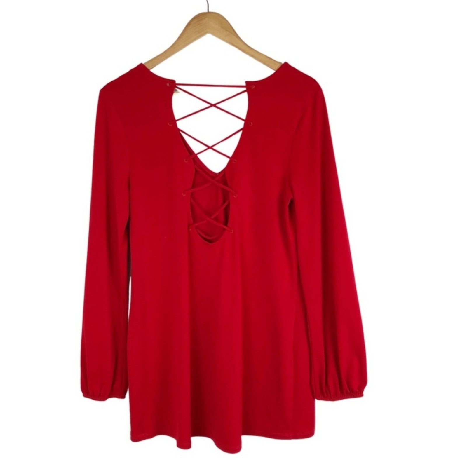 Express Express Women’s Red Lace Up Long Sleeve Sexy Blouse Size M / US 6-8 / IT 42-44 - 12 Thumbnail