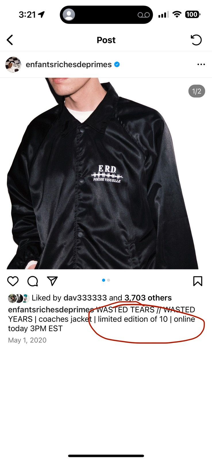Enfants Riches Deprimes ERD 2020 Campaign LIMITED EDITION 1/10 Wasted Tears Jacket Size US L / EU 52-54 / 3 - 5 Thumbnail