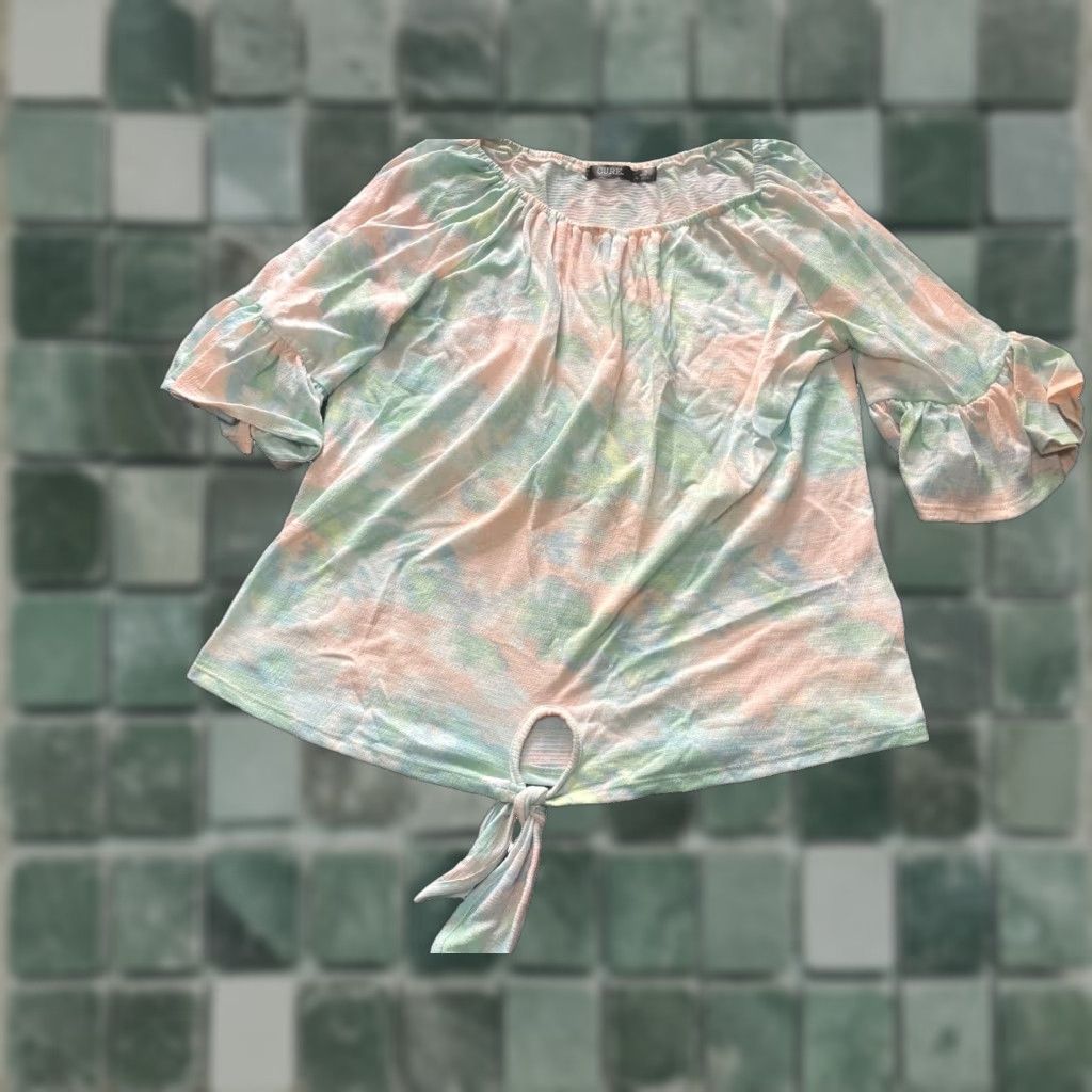 Pinko Cure Top Womens Medium M Knotted Bottom Short Sleeve Blouse Pink Blue Green Colorful Size M / US 6-8 / IT 42-44 - 1 Thumbnail