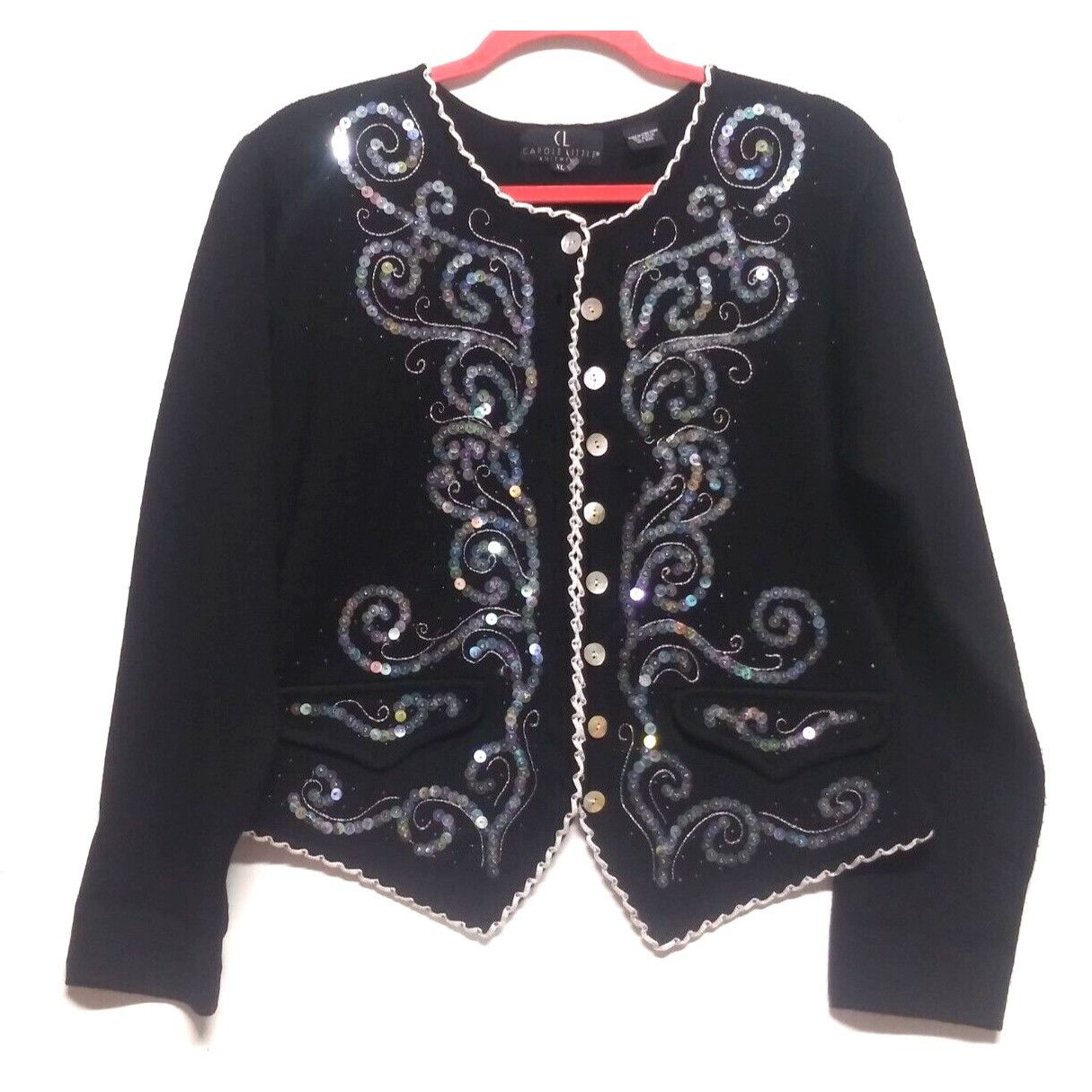Vintage Carole Little Cardigan Sweater XL Embellished embroidered Bl Size XL / US 12-14 / IT 48-50 - 2 Thumbnail
