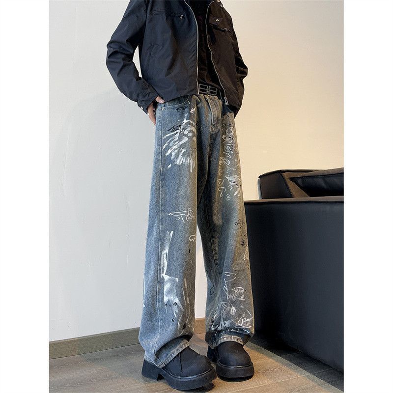 Japanese Brand Retro loose wide leg graffiti printed jeans Size US 30 / EU 46 - 4 Thumbnail