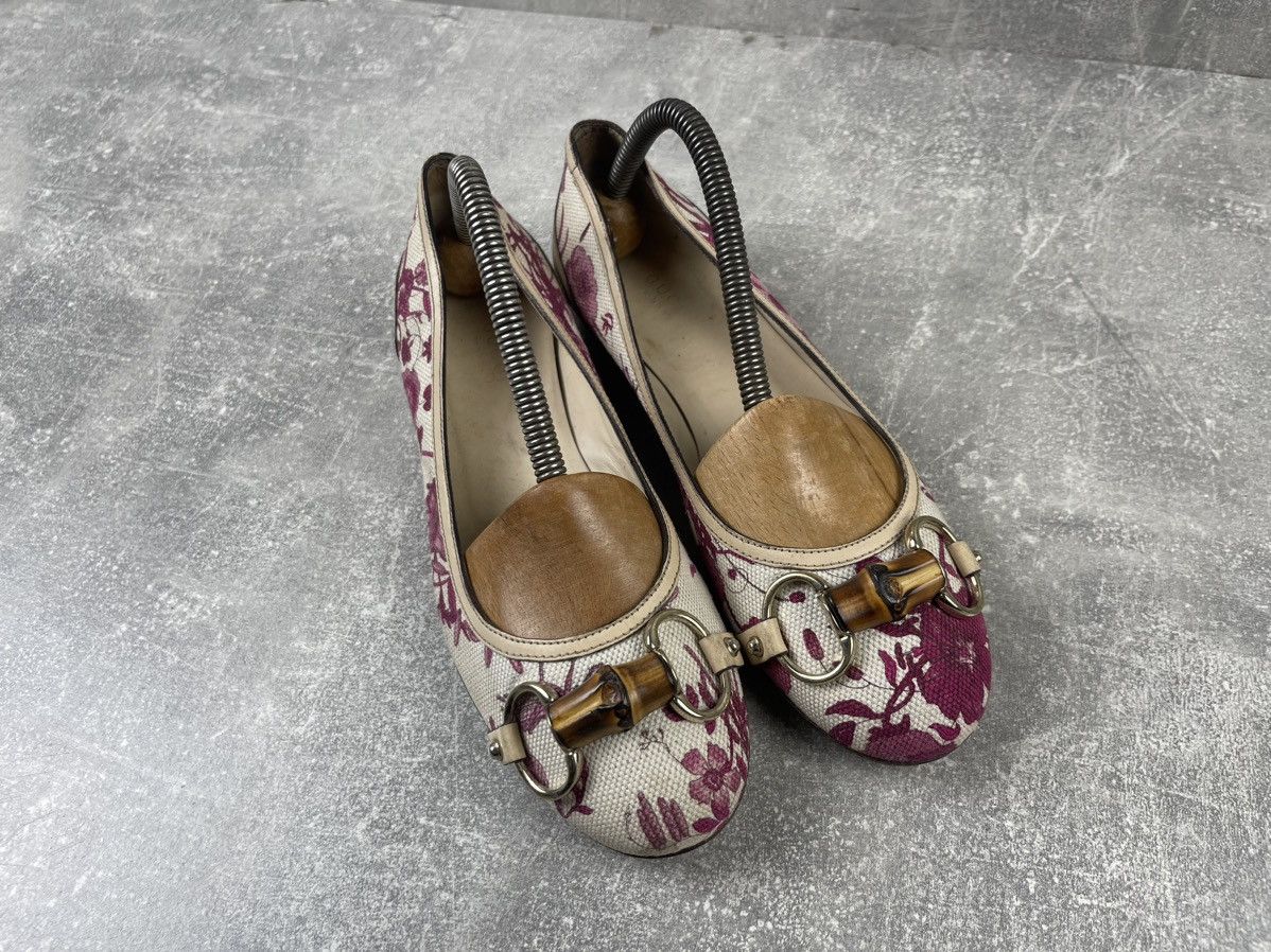 Gucci Gucci Bamboo Floral White/Pink Leather Cotton Flats Shoes Size US 6 / IT 36 - 3 Thumbnail