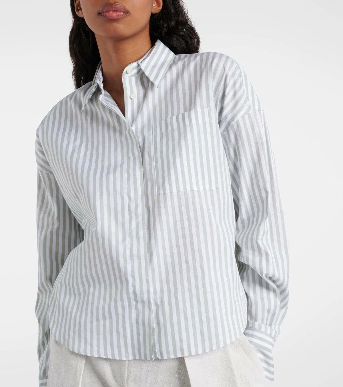 Brunello Cucinelli o1y0725 Striped Shirt in Sage Green/White Size L / US 10 / IT 46 - 2 Thumbnail