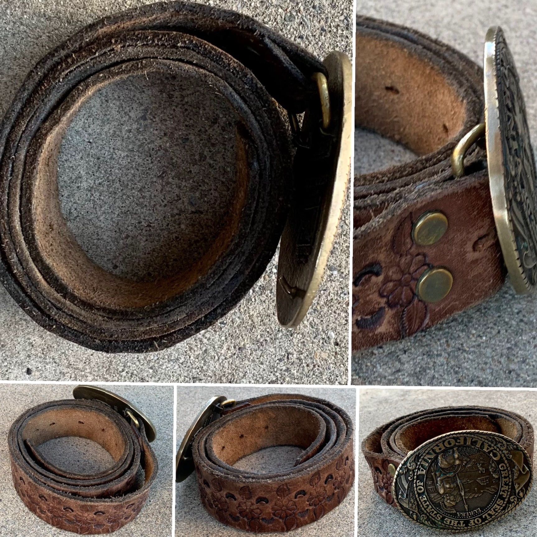 Tony Lama VINTAGE tooled leather belt Tony Lama state series California brass buckle Belt Adult Unisex Rockabilly Size ONE SIZE - 5 Thumbnail
