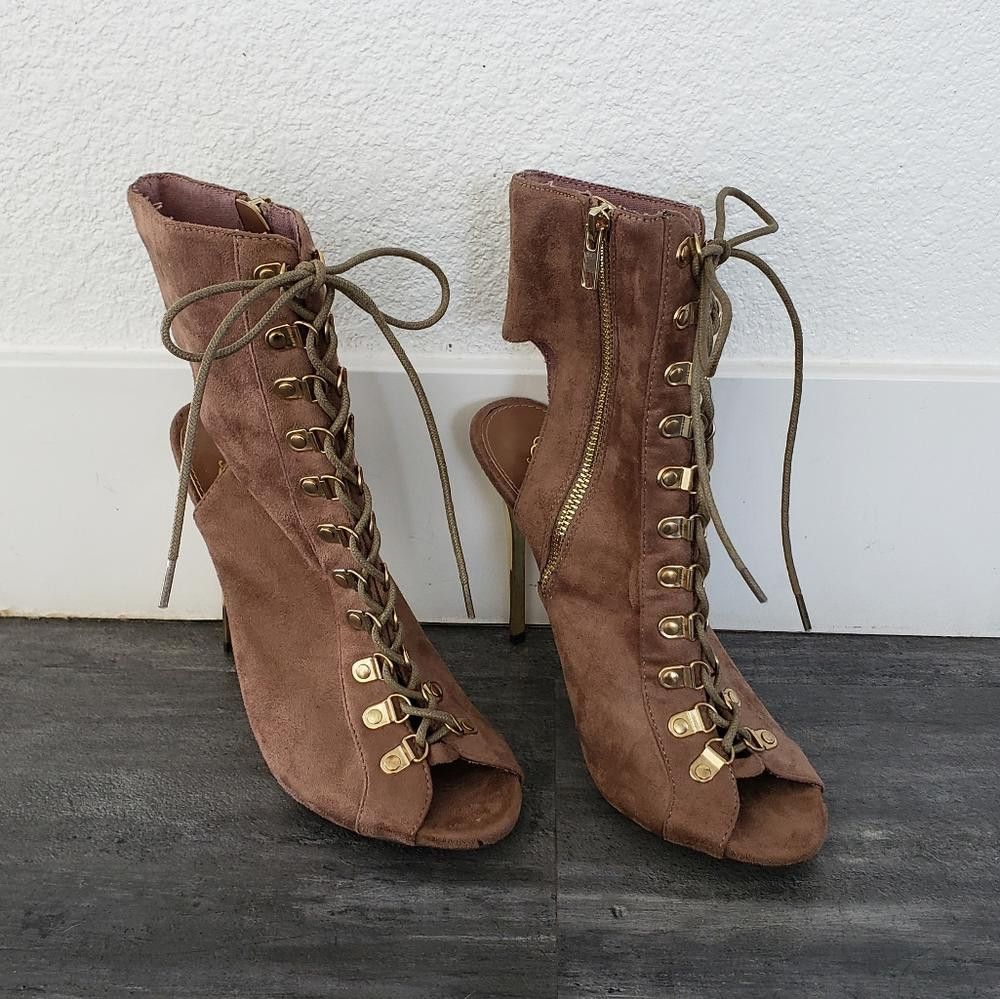 Designer Tan Gold Classic Laced Up Heeled Boot Size US 8 / IT 38 - 2 Thumbnail