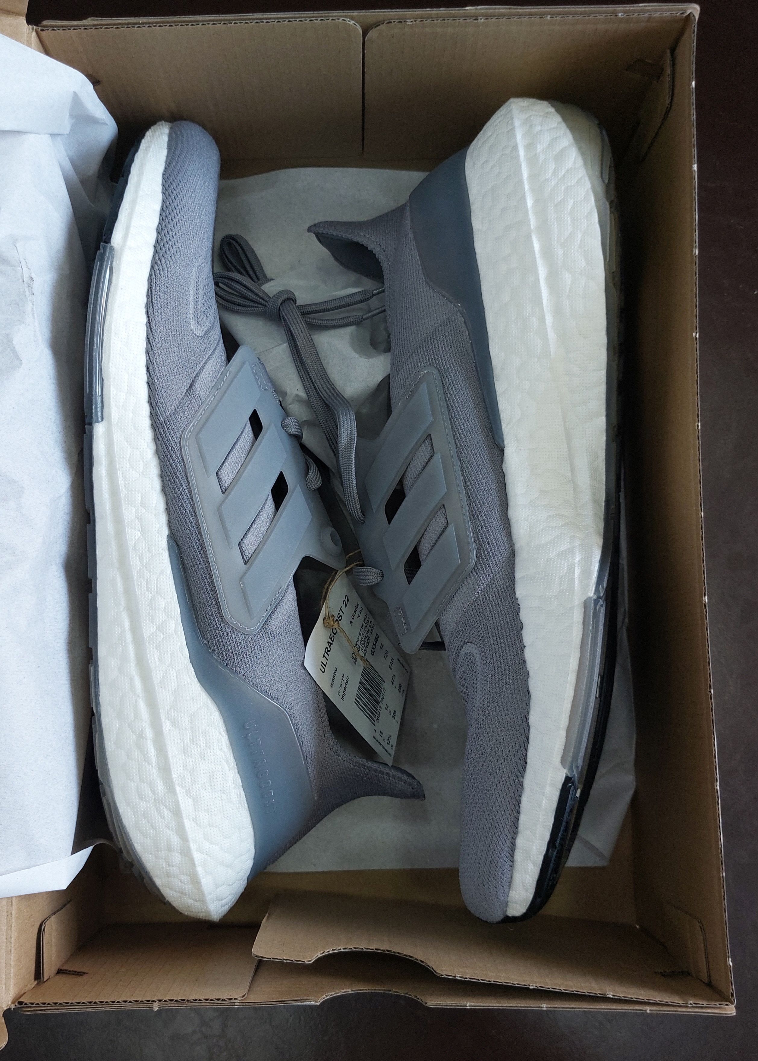 image of Adidas Ultraboost 22 Grey White Shoes, Men's (Size 12.5)