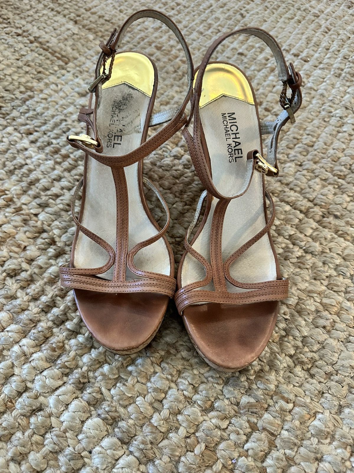 Michael Kors MICHAEL KORS CICELY GOLD MK CHARM TAN STRAPPY CORK WEDGES Size US 9.5 / IT 39.5 - 1 Thumbnail