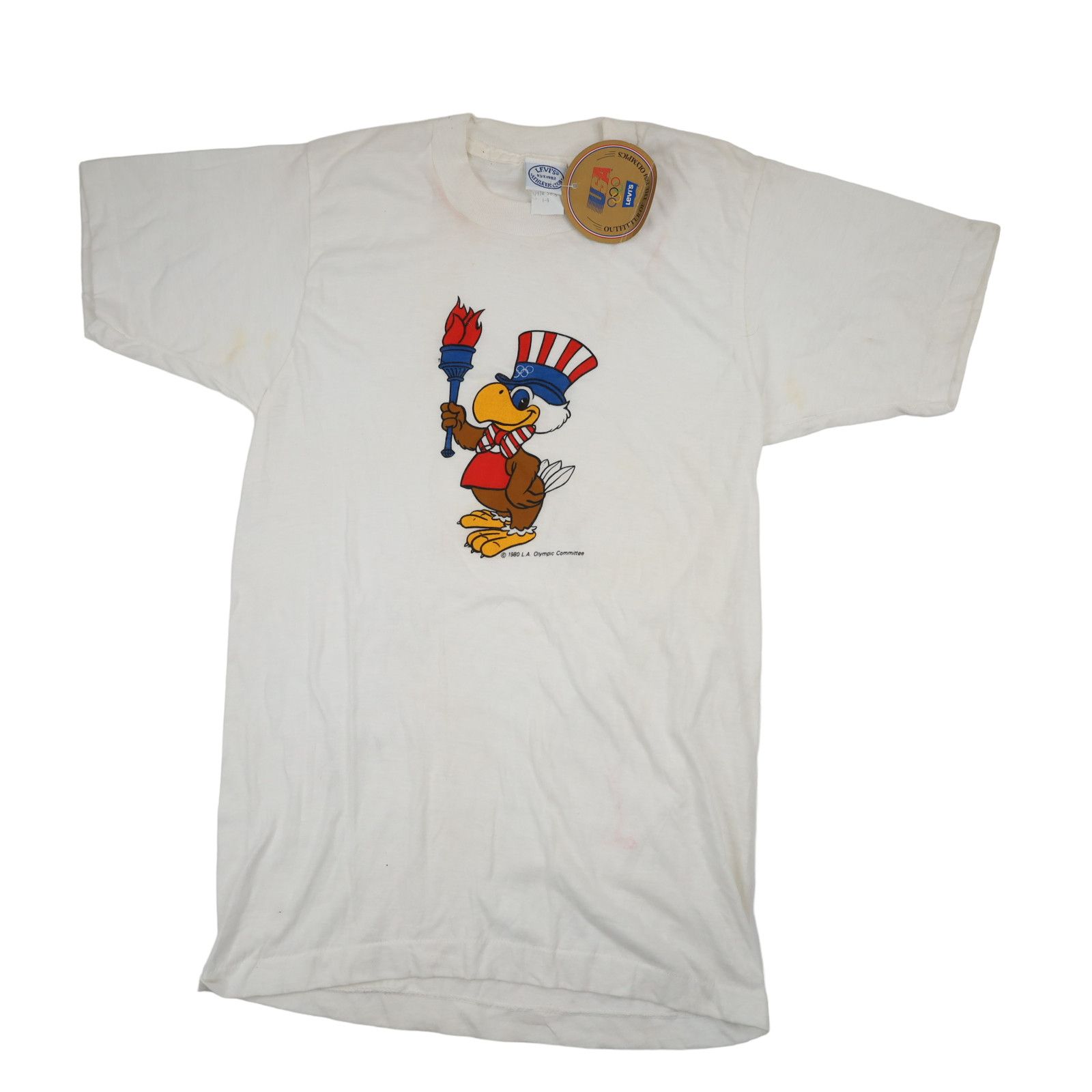 image of Vintage NWT 1980 Levis Sam The Olympic Eagle Graphic T Shirt in White, Men's (Size Small)