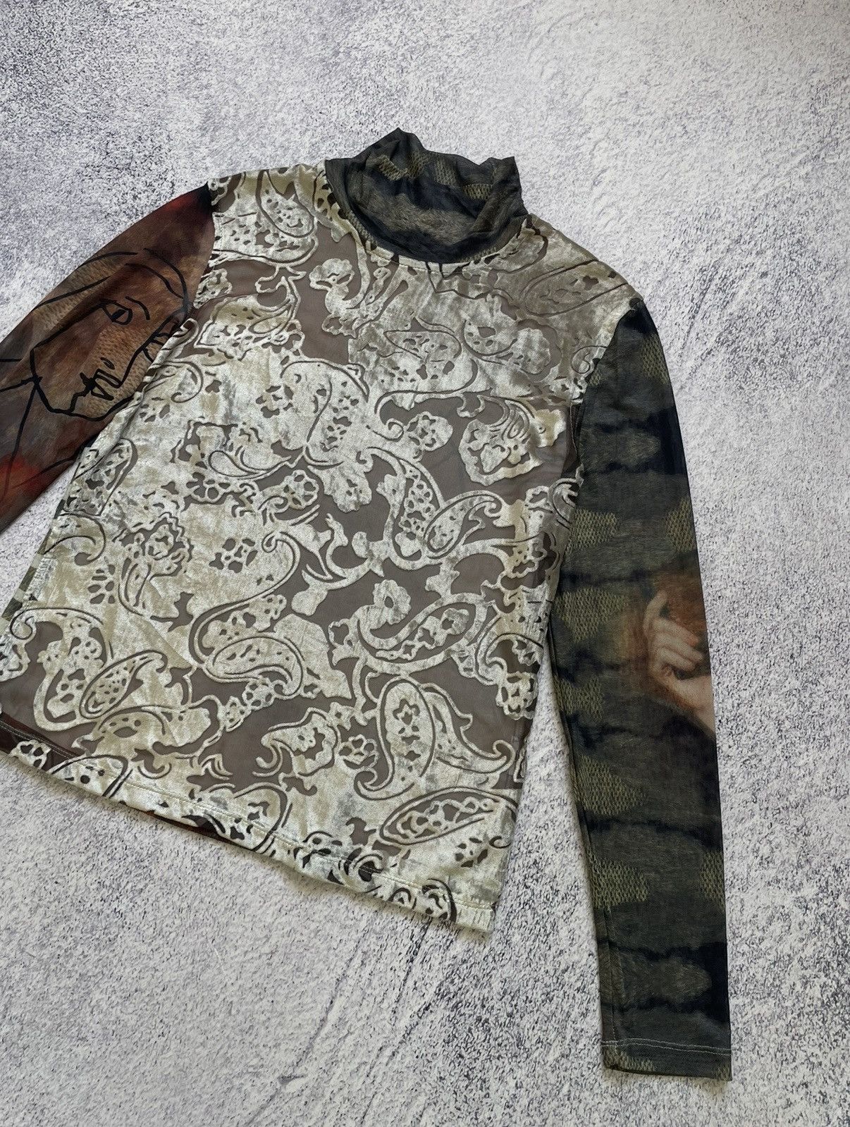 Desigual Desigual Mesh Top Long Sleeve Mock Neck Floral Script Size L / US 10 / IT 46 - 7 Thumbnail
