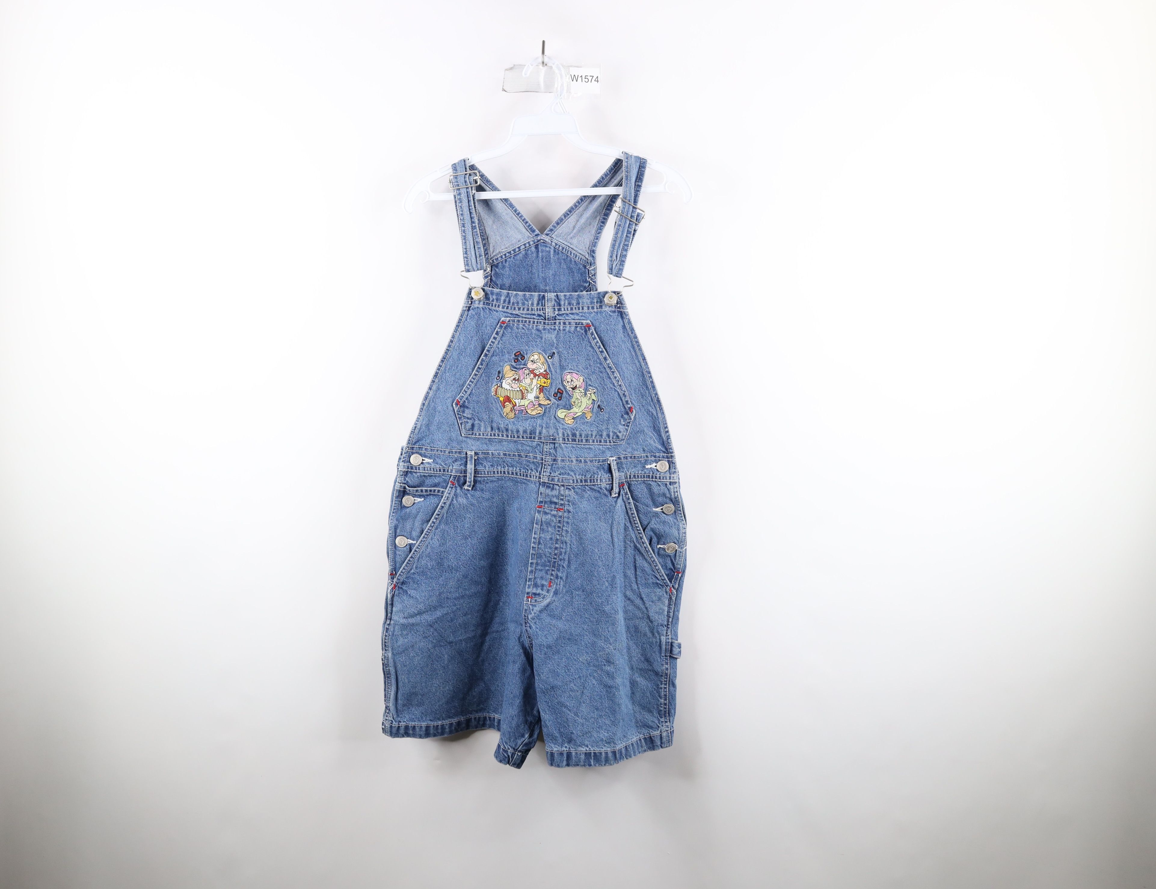 image of 90's Disney Snow White Seven Dwarfs Shortalls Overall in Blue, Women's (Size Medium)