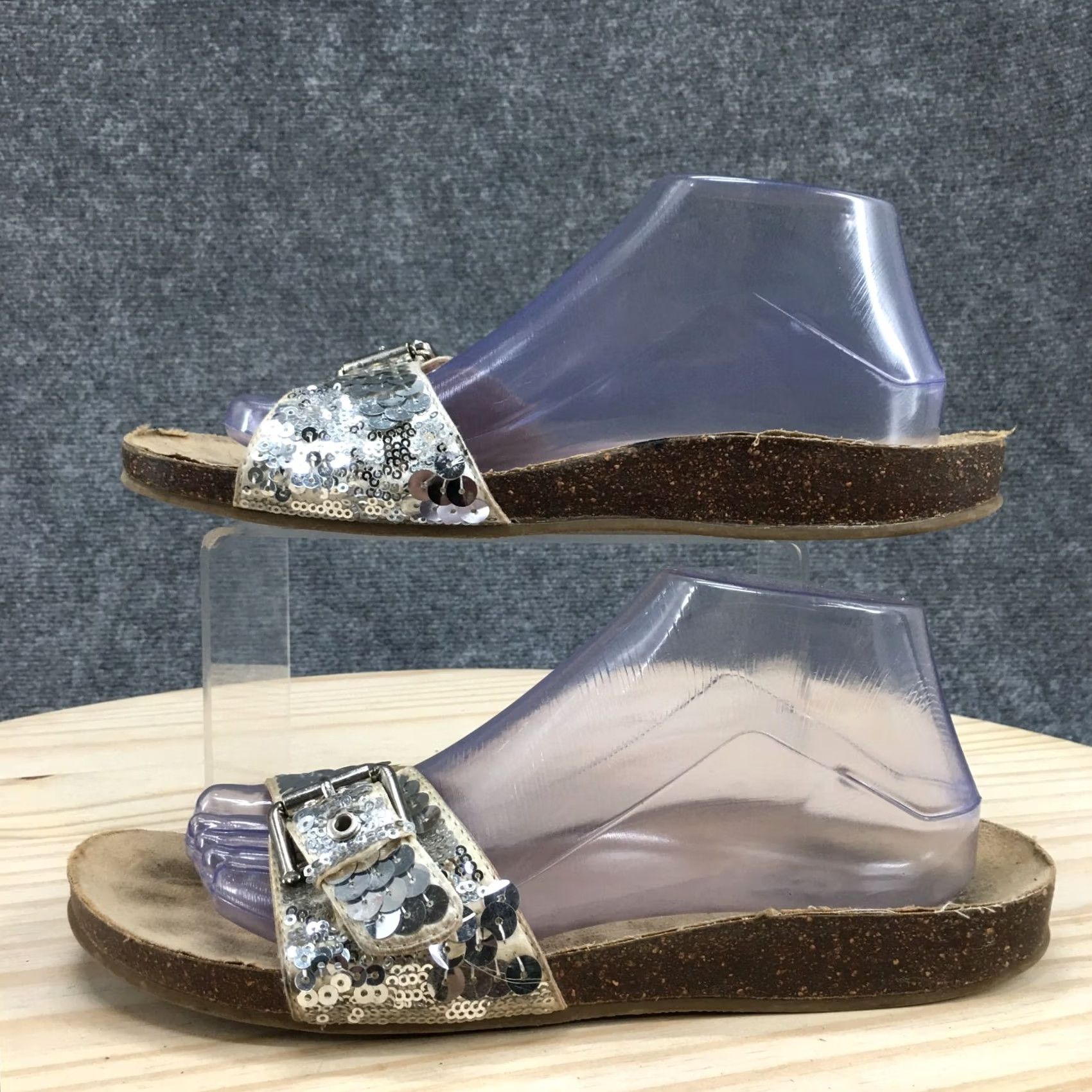 Vintage Apostrophe Sandals Womens 10 Sequin Slide Flats Slip On Leather Gray Silver Casual Flat Shoes Womens Size US 10 / IT 40 - 2 Thumbnail
