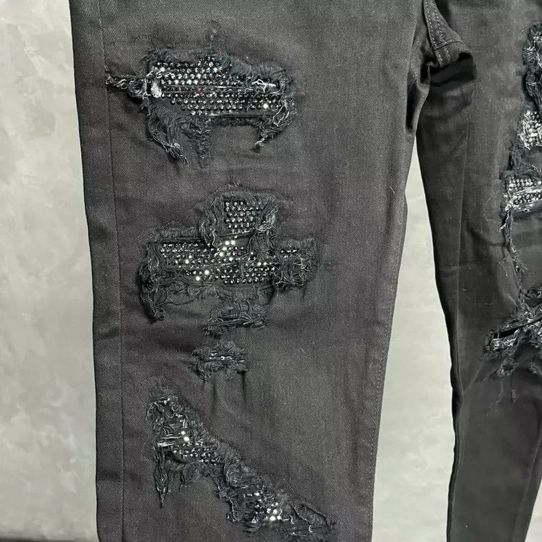 Amiri Amiri Black Solid Diamond Design Patchwork Denim Pants Size US 33 - 4 Thumbnail