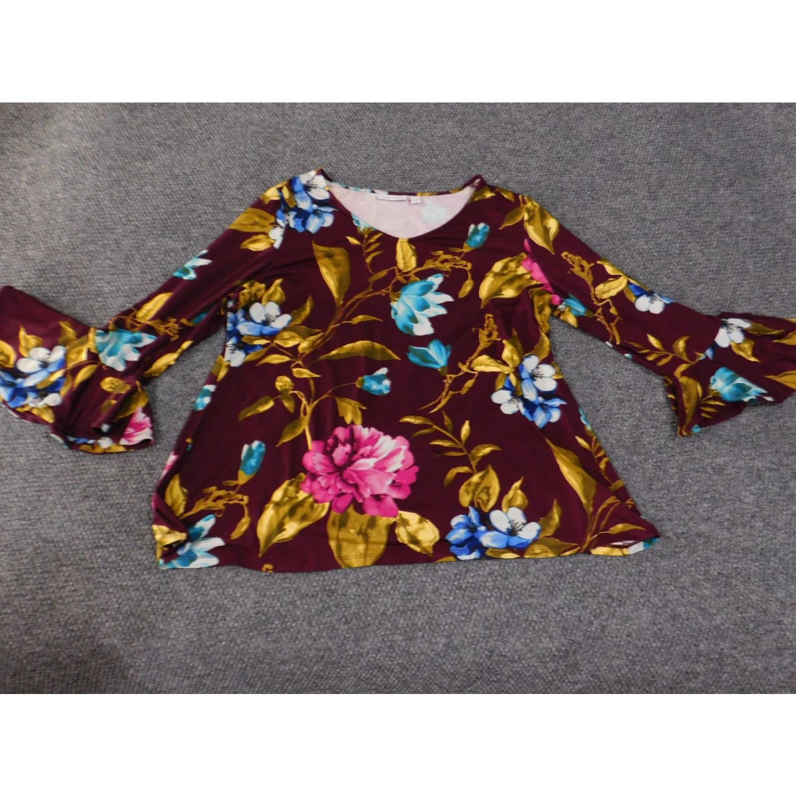 Vintage Susan Graver Shirt Womens XL Burgundy Floral Bell Sleeve Stretch Top Blouse Boho Size XL / US 12-14 / IT 48-50 - 3 Thumbnail