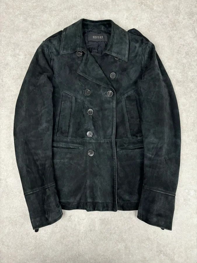 Gucci 2000s Gucci Black Suede Leather Double-Breasted Premium Jacket by Tom Ford Size 44R - 8 Thumbnail