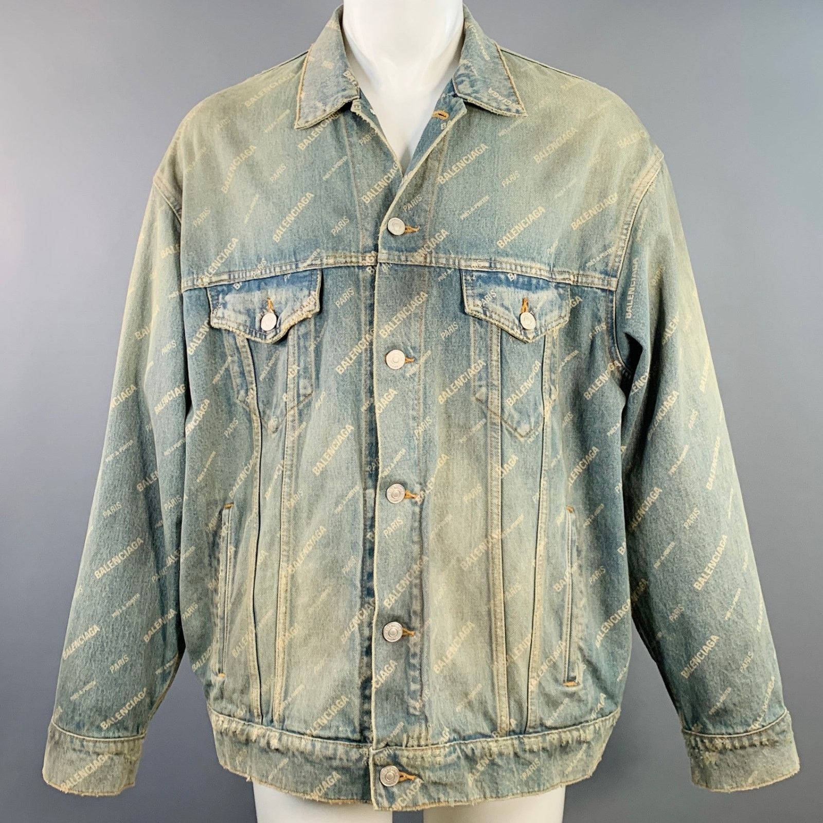 Balenciaga BALENCIAGA Blue White Monogram Cotton Denim Oversized Jacket Size US S / EU 44-46 / 1 - 1 Thumbnail