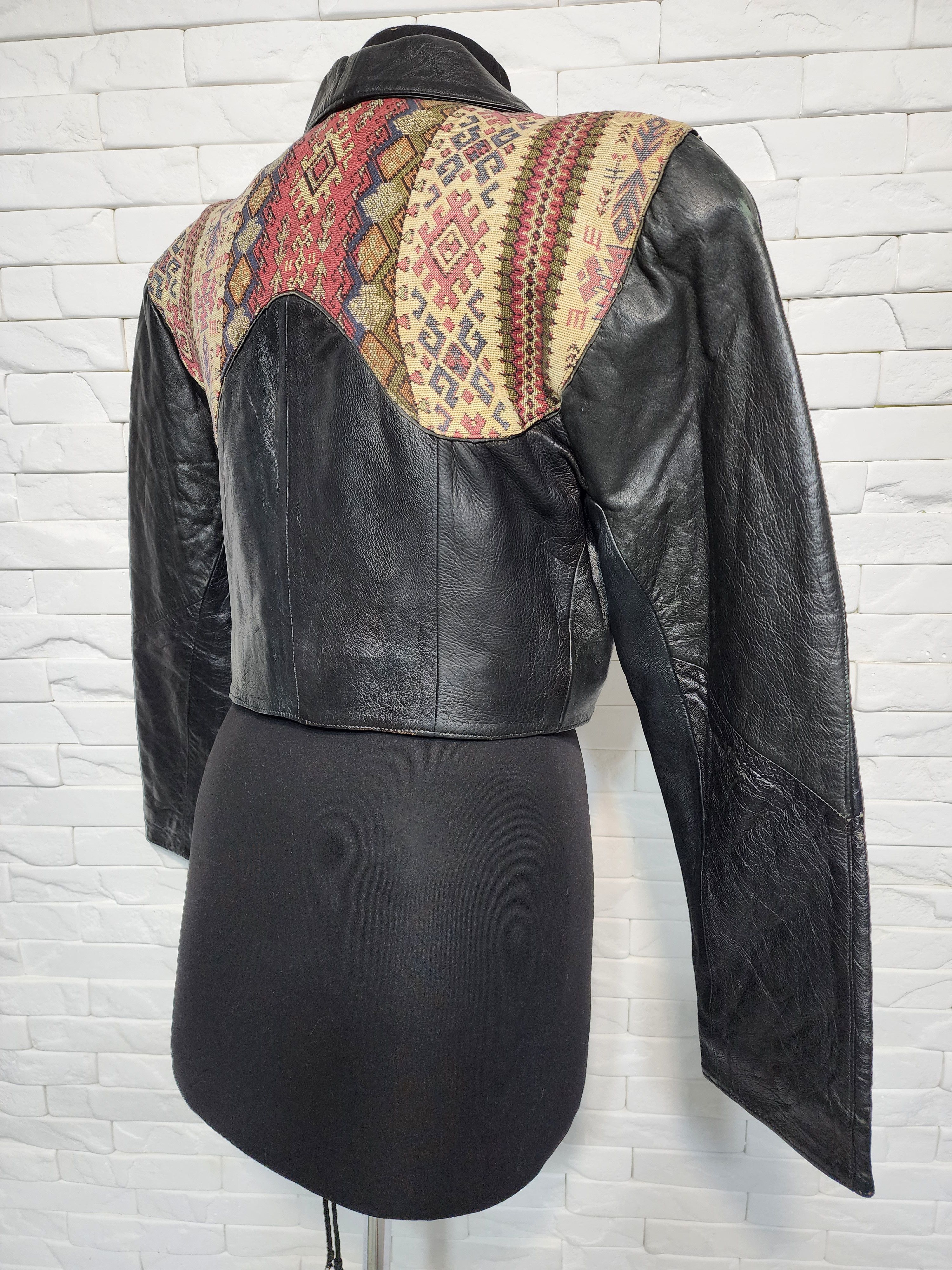 Designer Black women's leather jacket with tapestry fabric inserts. Size XL / US 12-14 / IT 48-50 - 5 Thumbnail