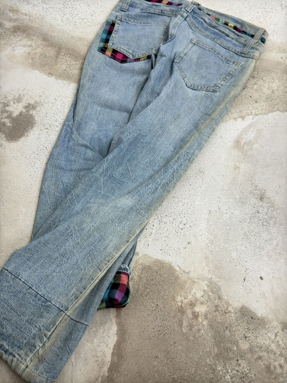 Hysteric Glamour Japanese Y2K Double Waist Plaid Patches Sun Faded Denim Size US 31 - 12 Thumbnail